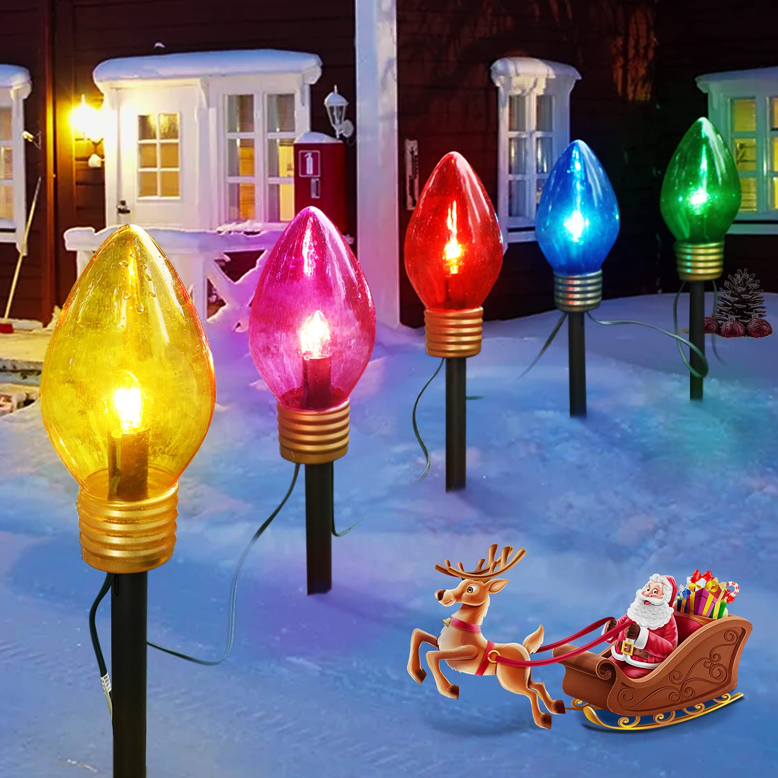 2 Pack Christmas Lights Jumbo C9 Outdoor Lawn Decorations with Pathway Marker Stakes, 8.5Ft C7 Lights Covered Jumbo Glitter Mult