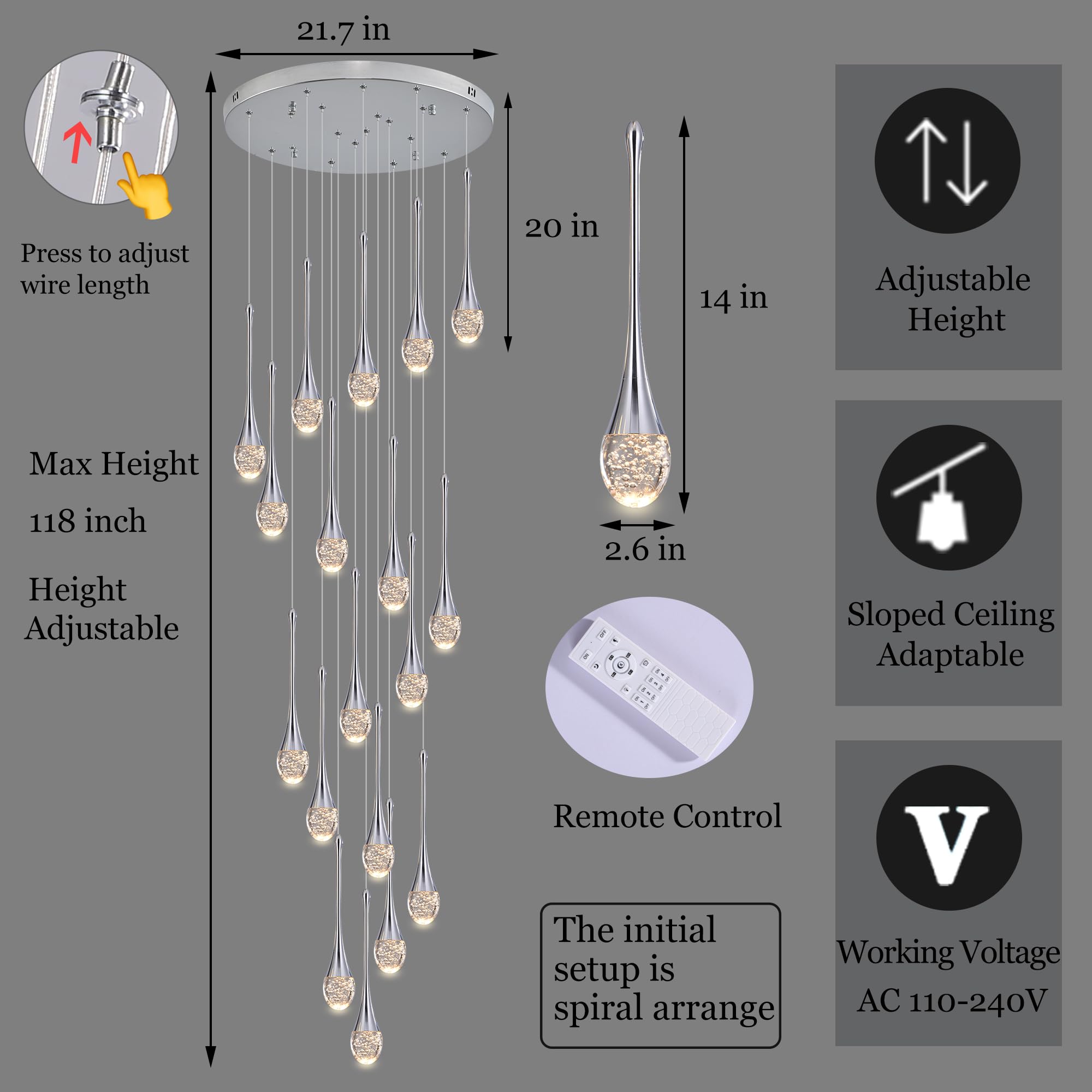 Upfelw Modern Crystal Staircase Chandelier Polished Chrome 18-Lights  H118 Large High Ceiling Spiral Dimmable Led Raindrop Foyer Entryway Light Fixture Remote Control