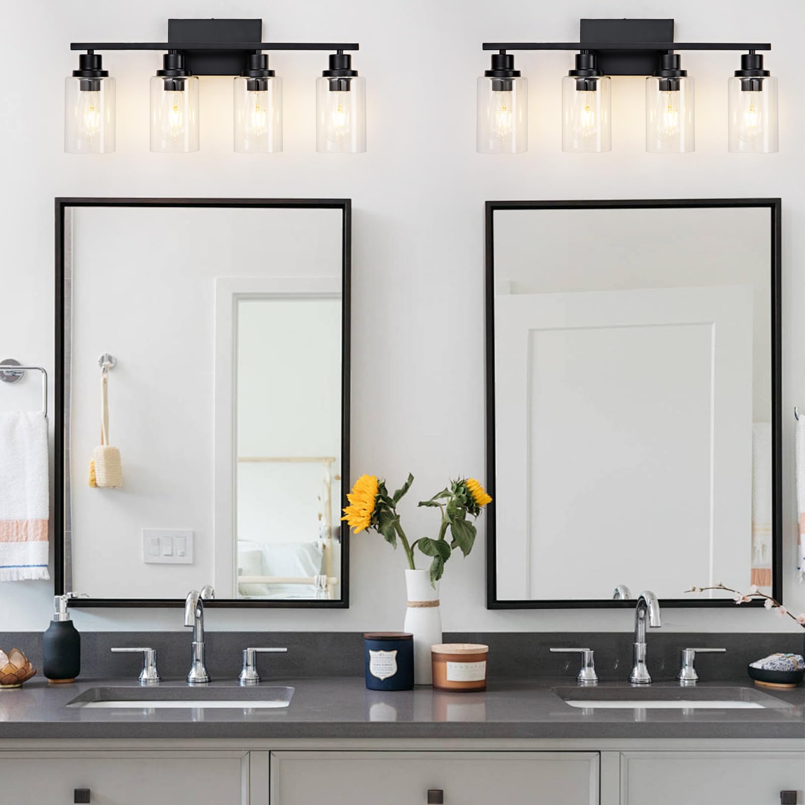 HCCZ 4 Light Black Bathroom Vanity Light Fixture, Metal Wall Sconces, E26 Socket, Glass Shade, Model 800-100-1079