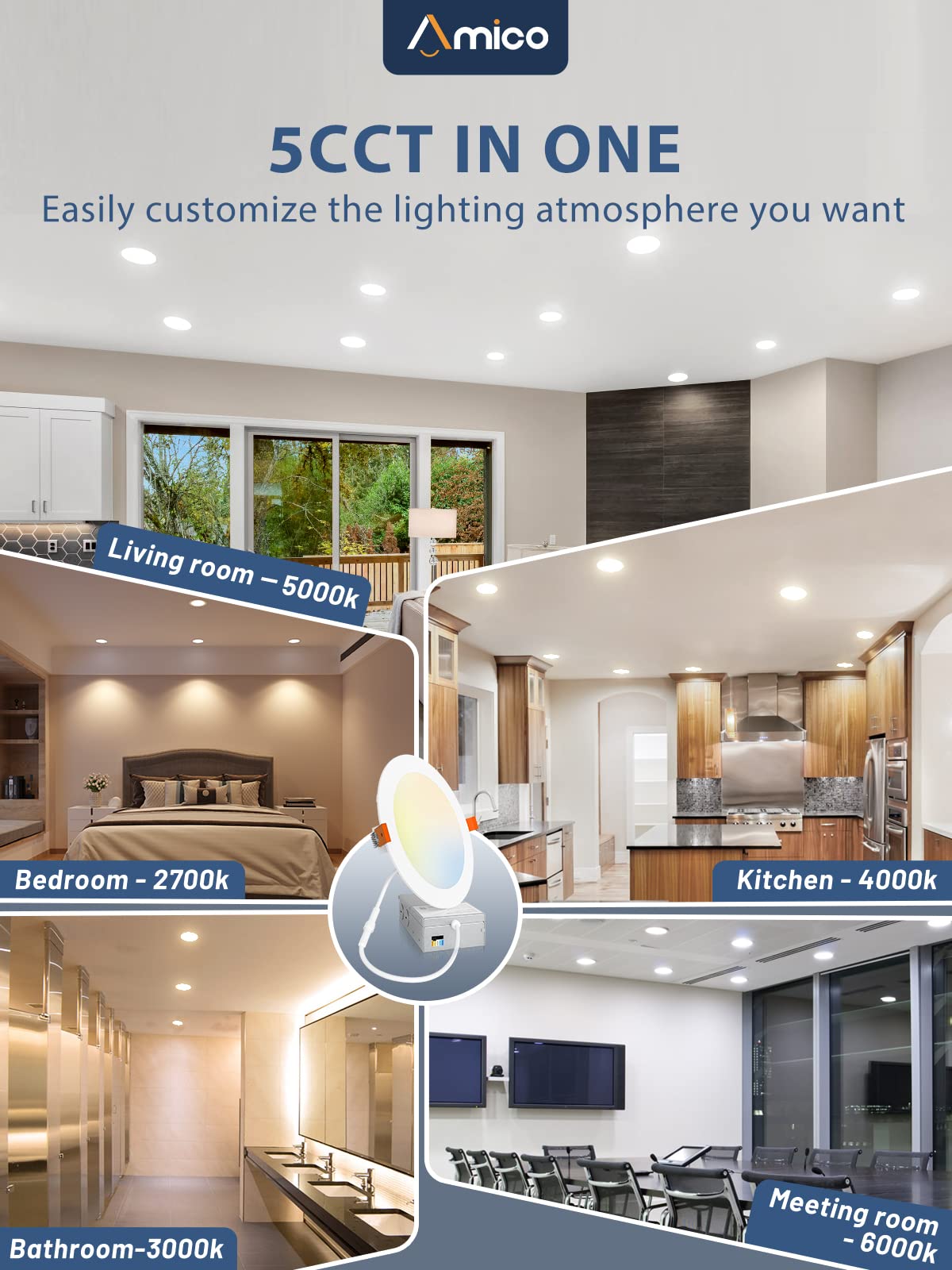Amico 16 Pack 4 Inch Ultra-Thin LED Recessed Ceiling Light, 5CCT Dimmable, 11W, 800LM Brightness, Metal, 2700