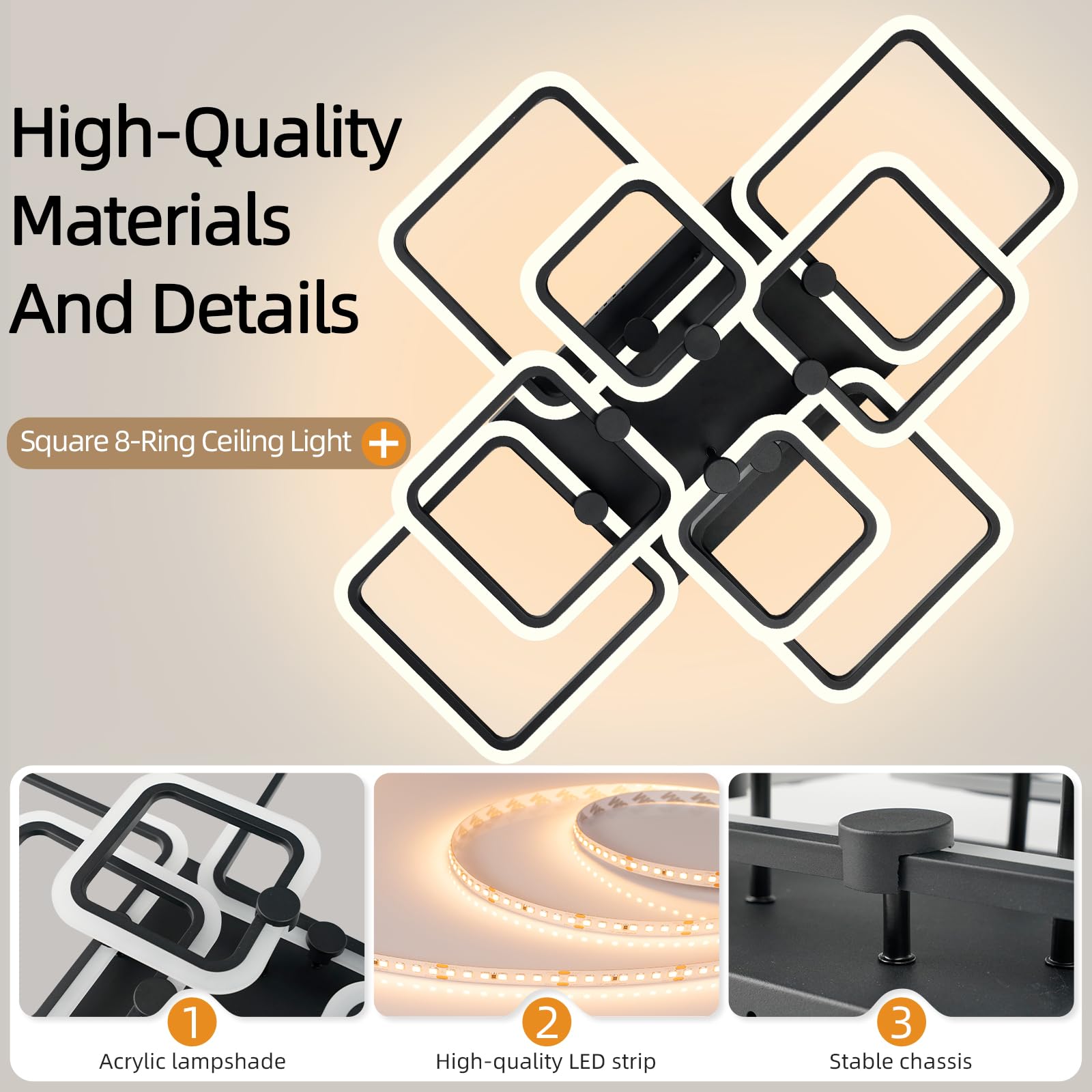 Seable Dimmable Modern Led Ceiling Light 8-Square Black Flush Mount Led Ceiling Light With Remote For Living Room Bedroom Close