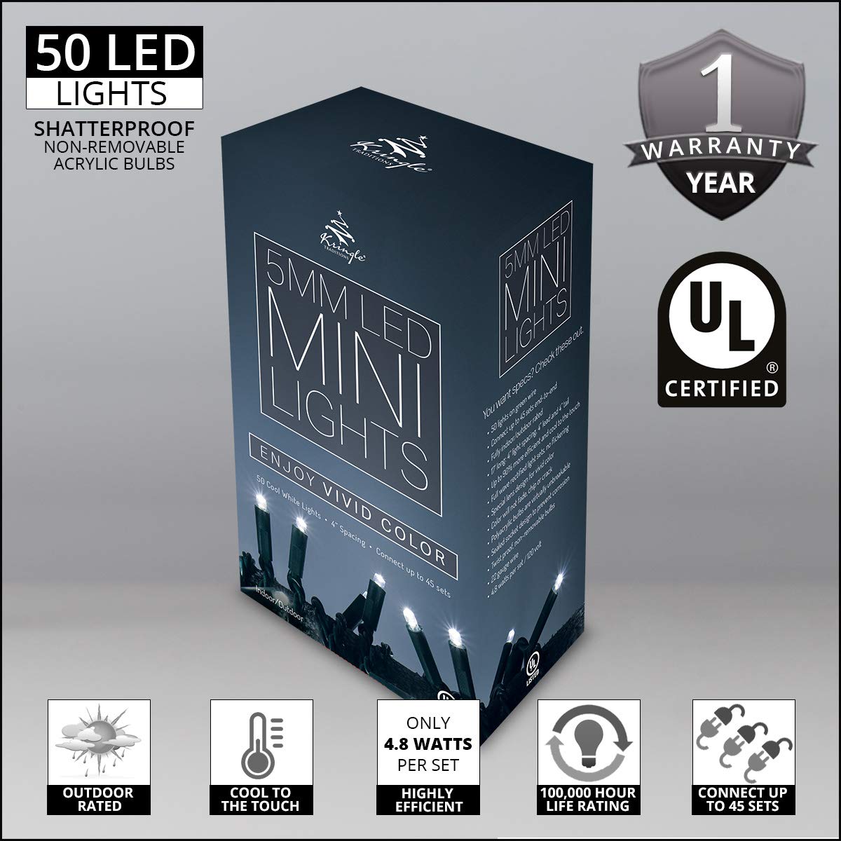 Kringle Traditions Cool White Led Christmas Mini String Light Set, 50 Lights, 17 Ft Indoor/Outdoor Led White Lights Outdoor Tree Lights Christmas String Wedding Party Decorations, 4 Spacing