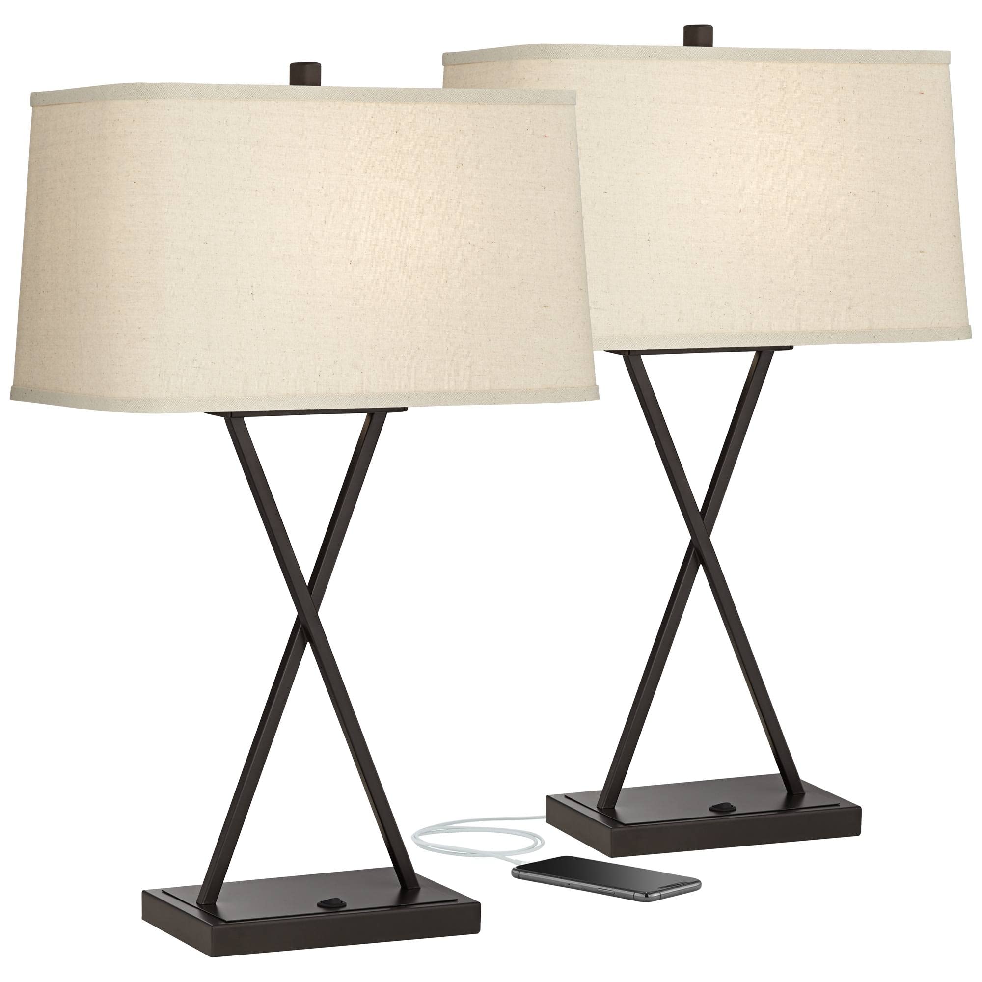 Franklin Iron Works Modern Table Lamps Set of 2, 26.5in High, Bronze Metal with Fabric Shade, USB Charging Port, Living Room Bedroom Nightstand