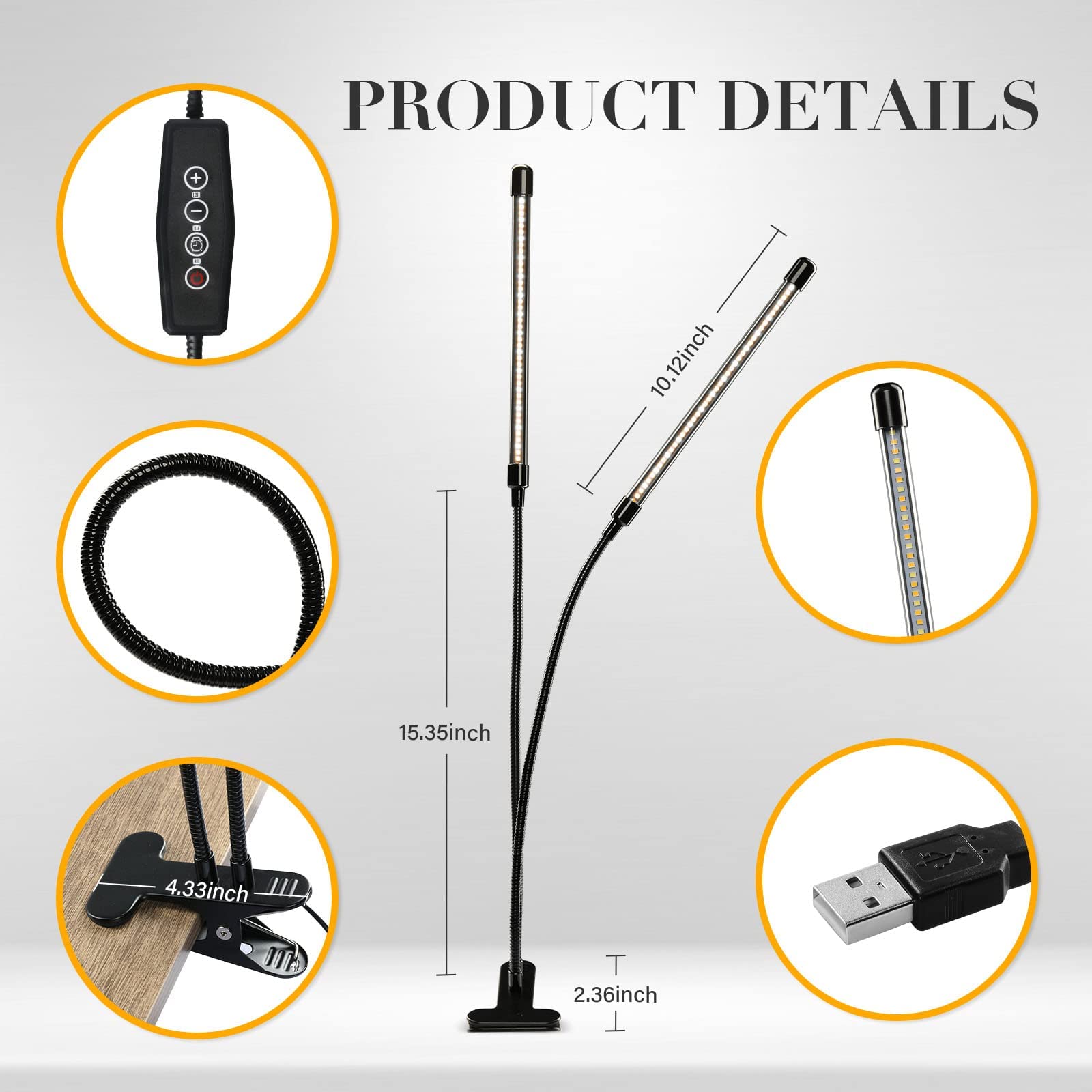 iPower Full Spectrum Clip Plant Growing Lamp, 84 LED, 5 Dimmable Levels, 3 Timing Modes, Yellow, 2 Tubes