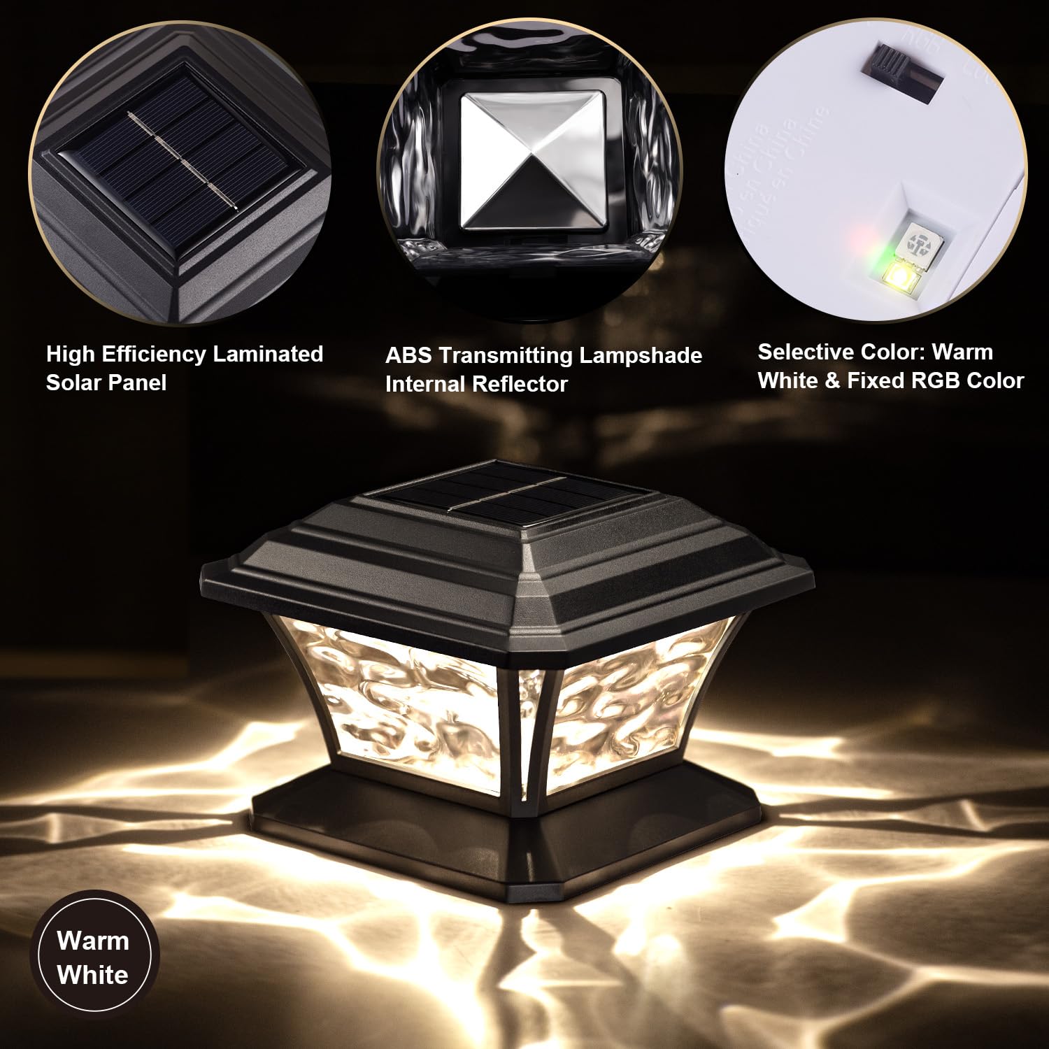 AEFRELEOHT Solar Post Cap Lights, Warm White & RGB Automatic Cycling & Fixed RGB Color, 9 Colors to Choose, 20 Lumens lP65 Water