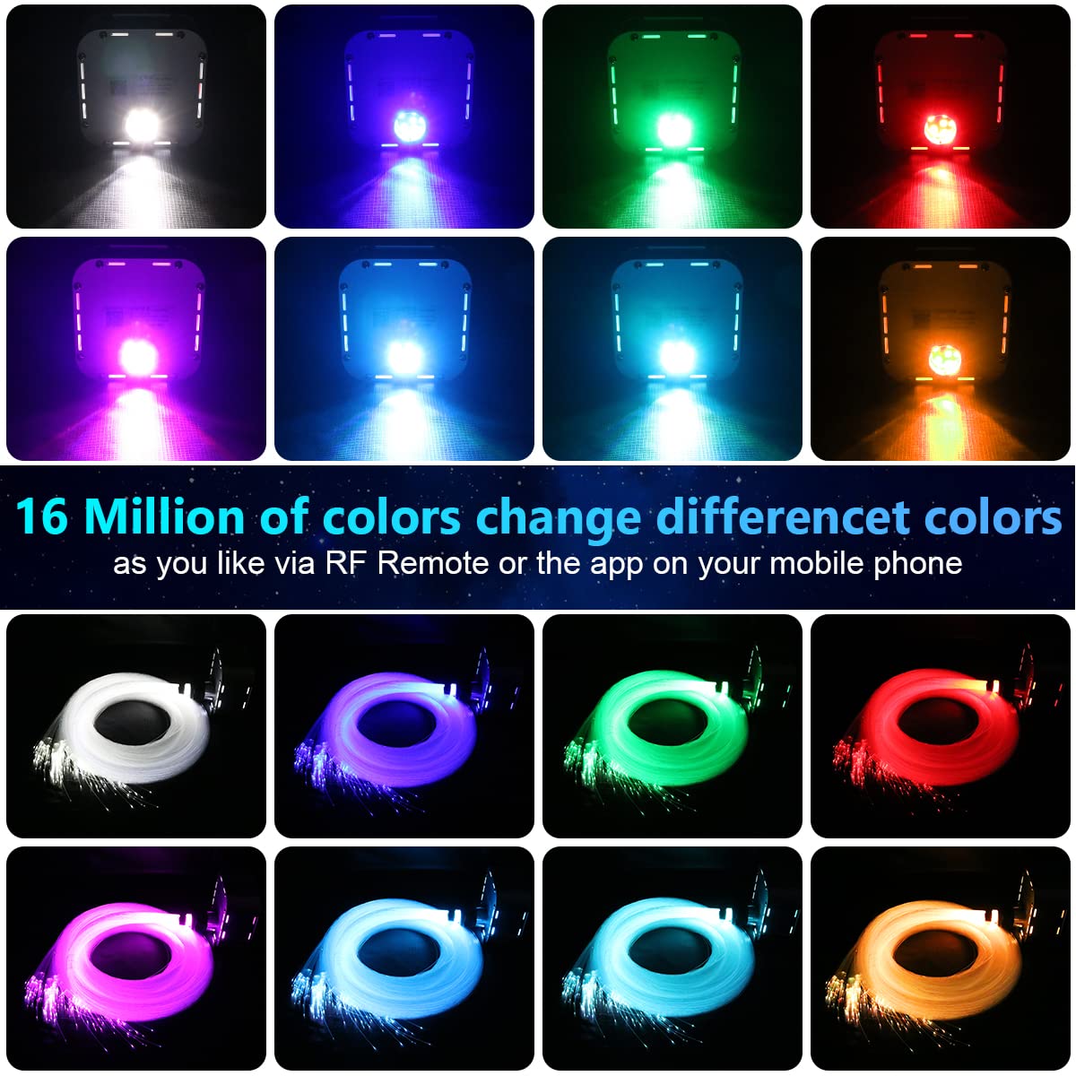 Amki High Brightness 32W Twinkle Fiber Optic Lights Starlight Headliner Kit 800Pcs 0.03In+0.04In+0.06In 16.4Ft Fibers Rgbw Sound