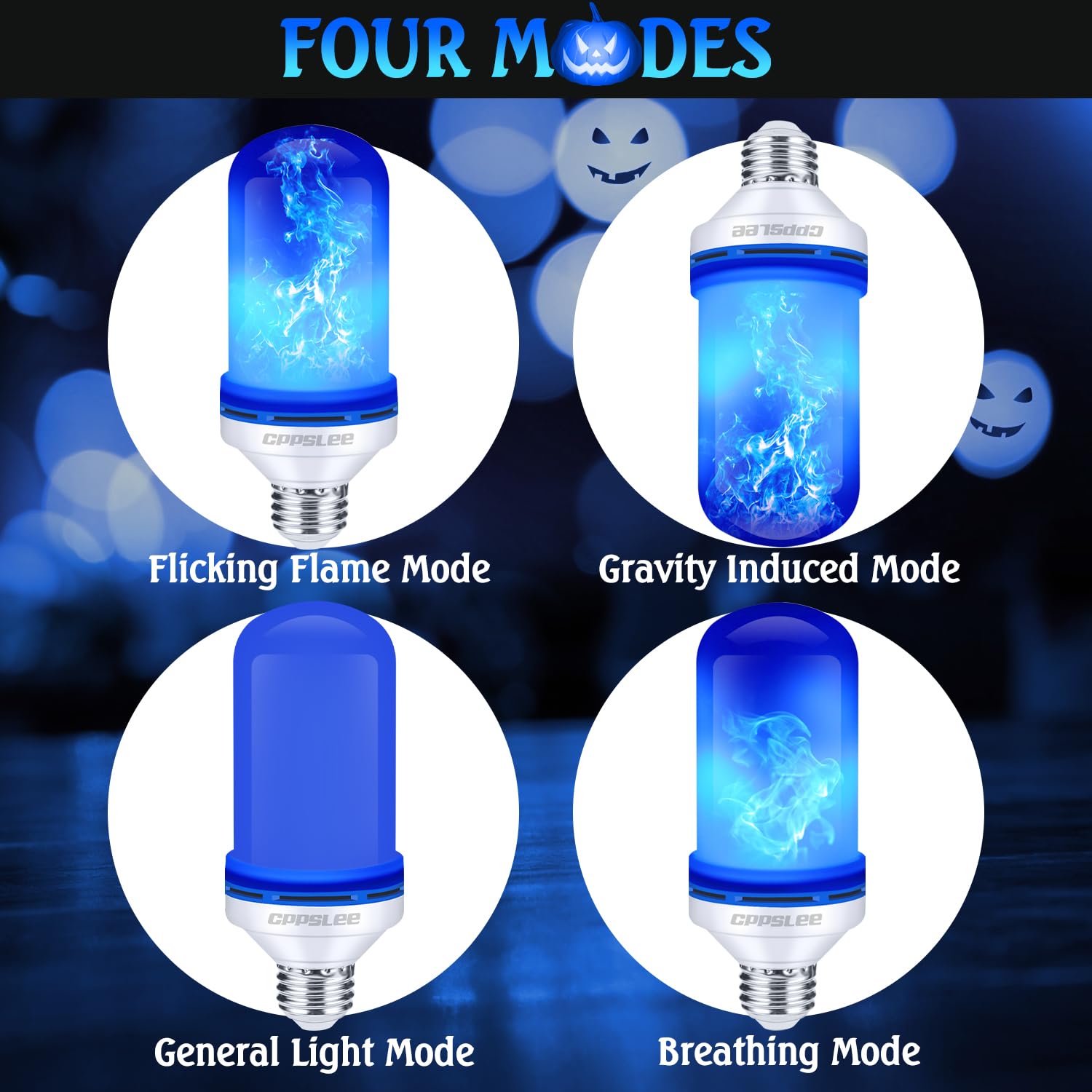 CPPSLEE LED Flame Light Bulbs, E26 Base, 4 Modes, 2 Pack, Blue, Ideal for Halloween Decorations
