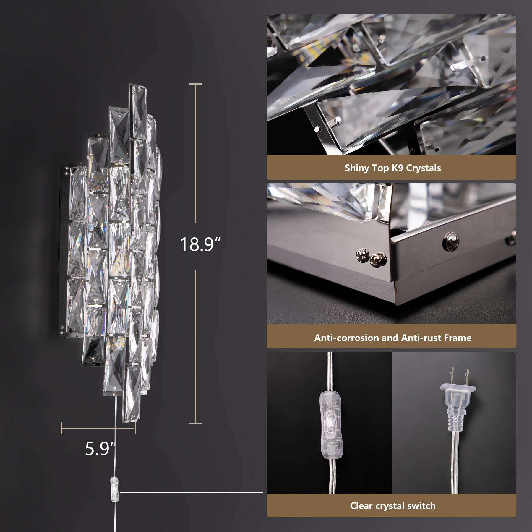 Kaiyuan Modern Crystal Wall Sconce - Chrome Plug-in Light Fixture for Bedroom, Living Room, Bathroom - BX-A10 Model