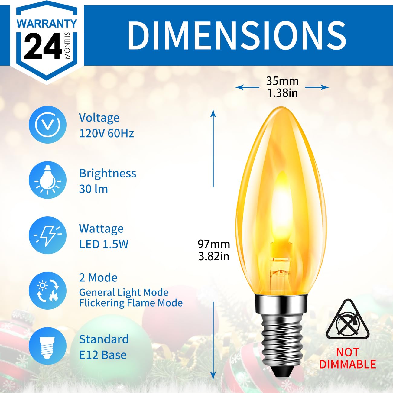 Anwio Flicker Flame Light Bulb 1.5W=3W Equivalent, Nondimmable Flame Tip 1800K Warm Light Orange Glow Bulbs Crystal Clear Candle