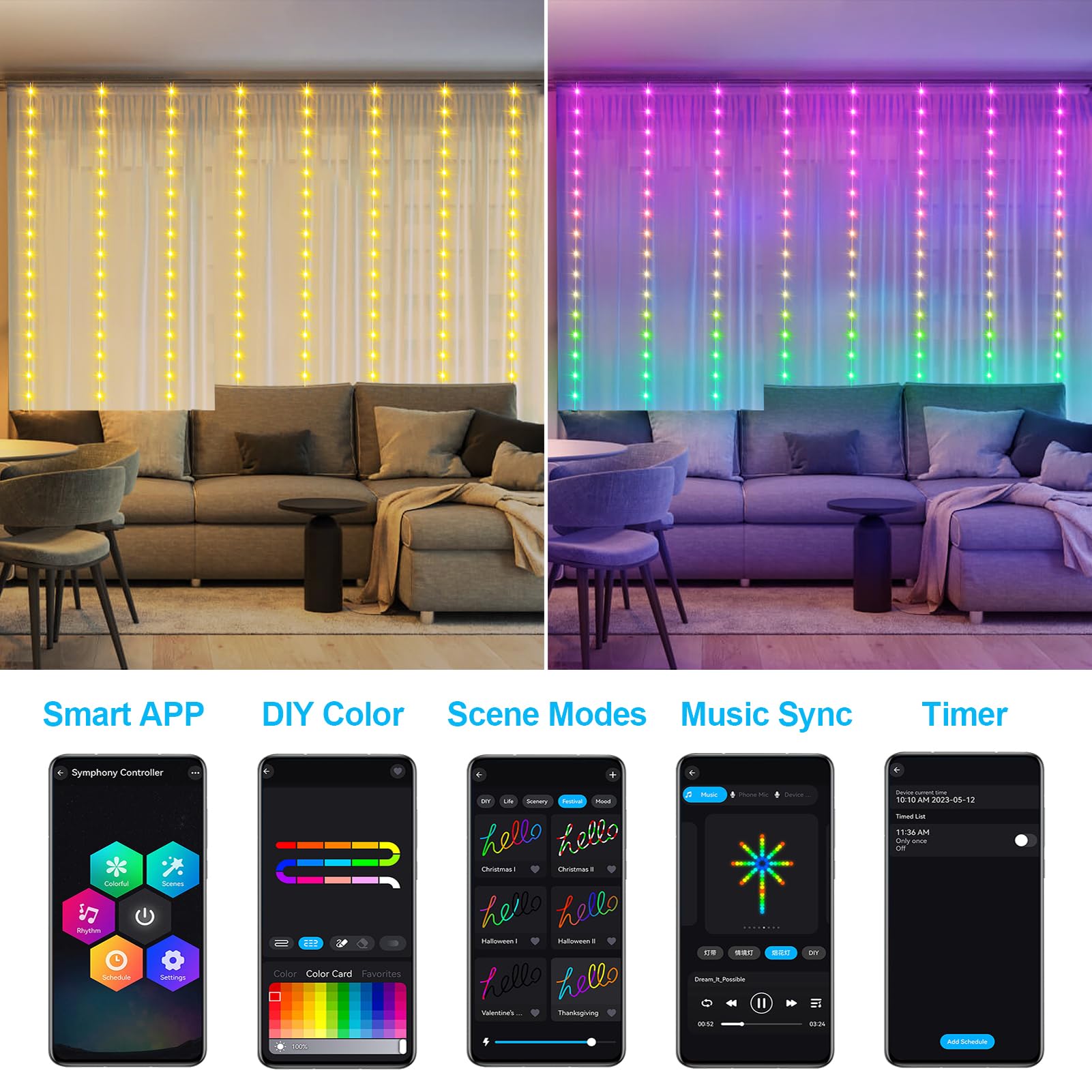 Lumbelle Smart Curtain Lights Rgb 5050 Built In Chip, Color Changing Curtain Lights With Music Sync App Remote Control, 8Ft X 6F