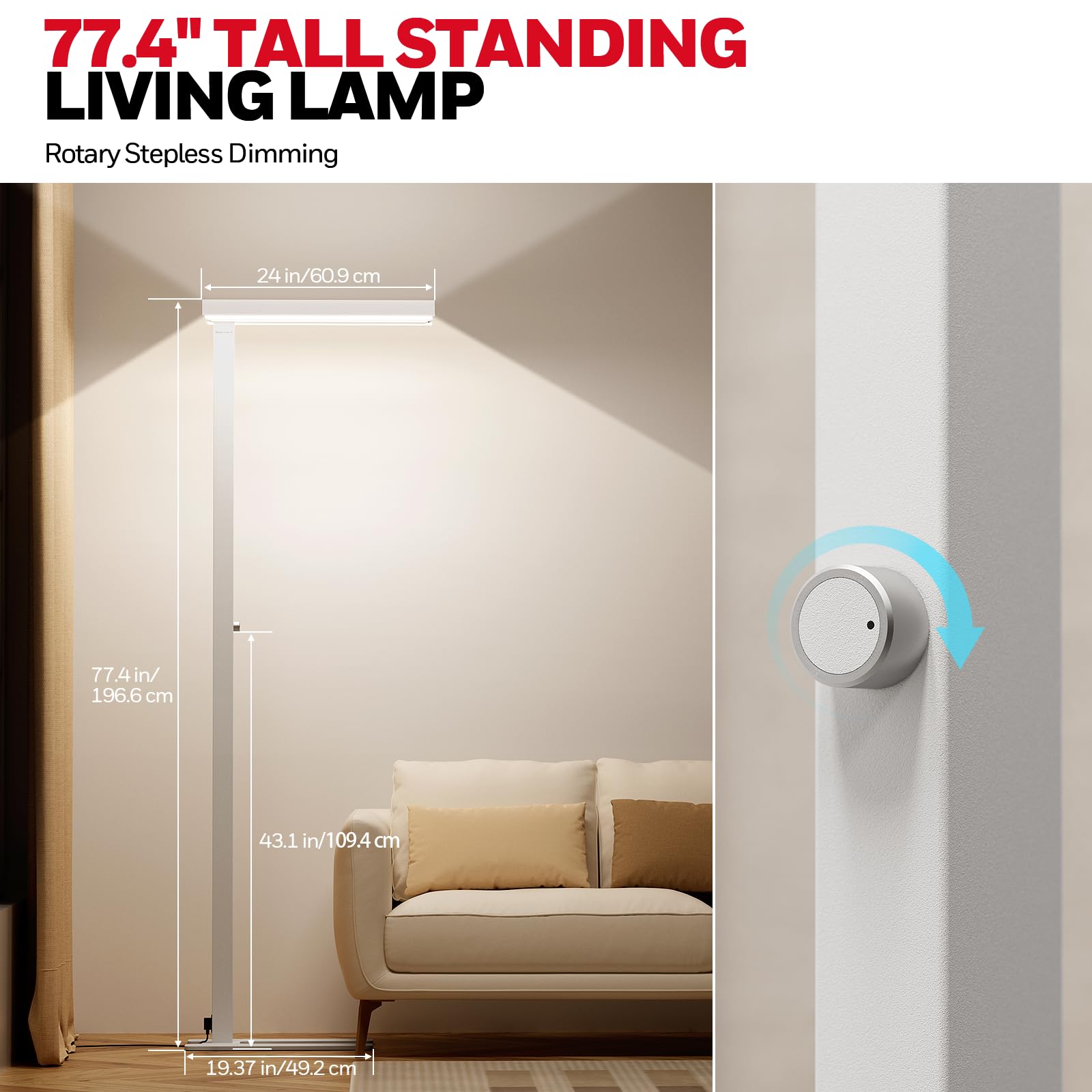 Honeywell 6000LM LED Floor Lamp, 60W Dimmable 4000K, 77in Tall, Eye-Caring Design, White, Model HWL-X02E