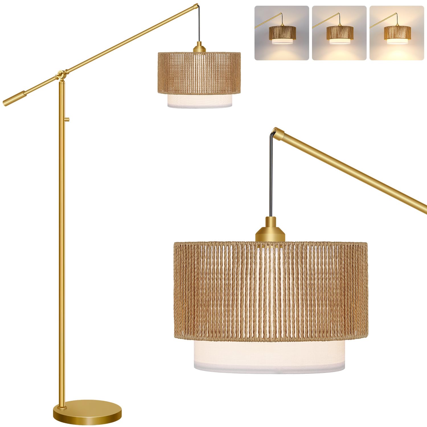 ?Upgraded?Arc Floor Lamp for Living Room, Boho Dimmable Swing Arm Floor Lamp with Rattan & Fabric Shades, Gold Rattan Standing L