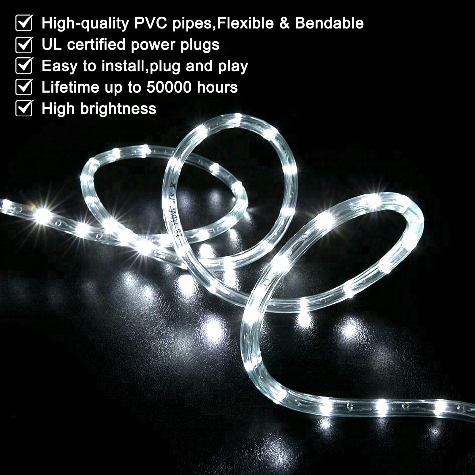 Surnie Rope Lights Outdoor Waterproof Daylight White: Led 10Ft Cuttable Outside Bright 110V Lighting 6000K Flexible Cool Clear Tube, Indoor Deck Patio Xmas Camping Decor, Not Flat Strip