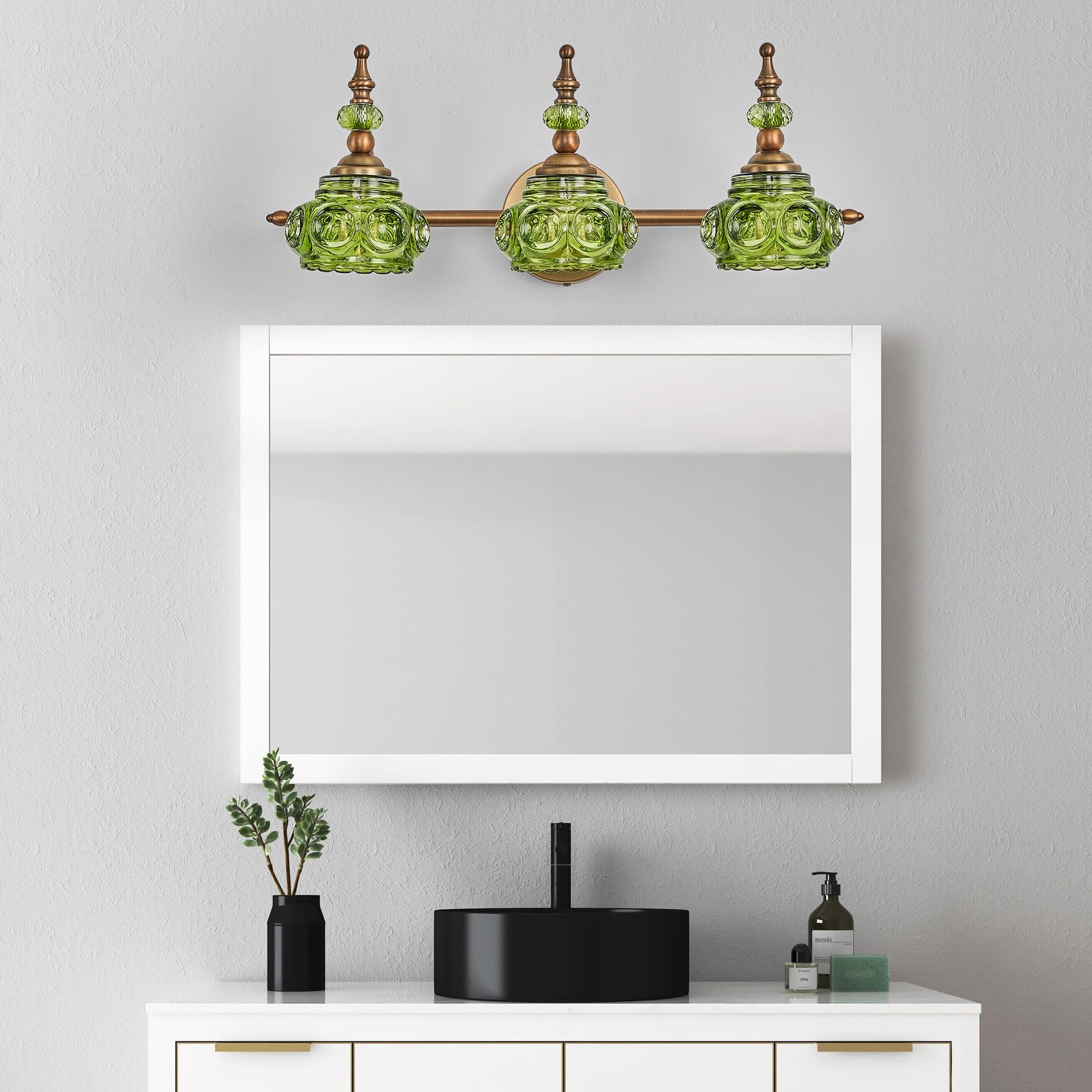 ZILANL 3-Light Vintage Bathroom Vanity Light Fixture, Modern Brass Sconces with Green Glass Shade, CLLZ-3