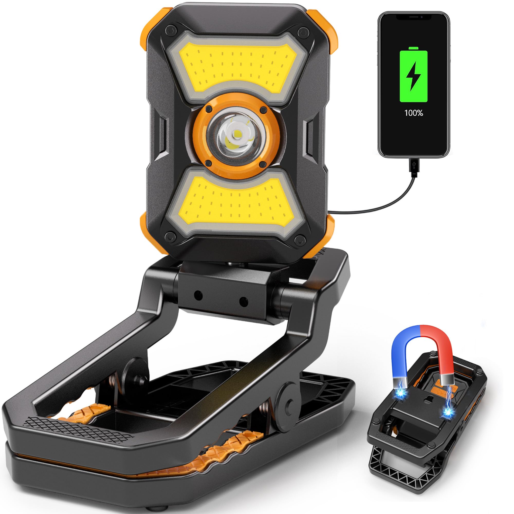 Adelante Rechargeable Work Light with Clamp, 2100 Lumens, 4000mAh 10Hours LED Work Light with Magnet Base, 7 Modes, 360 Rotation