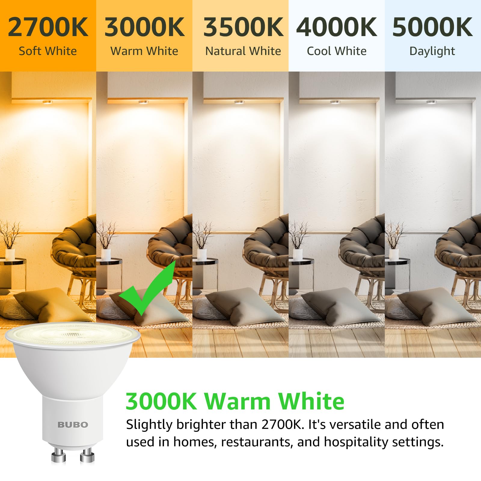 BUBO GU10 LED Bulb 6W Equivalent 650 Lumens 3000K Warm White 10 Pack MR16 Plastic Non-Dimmable