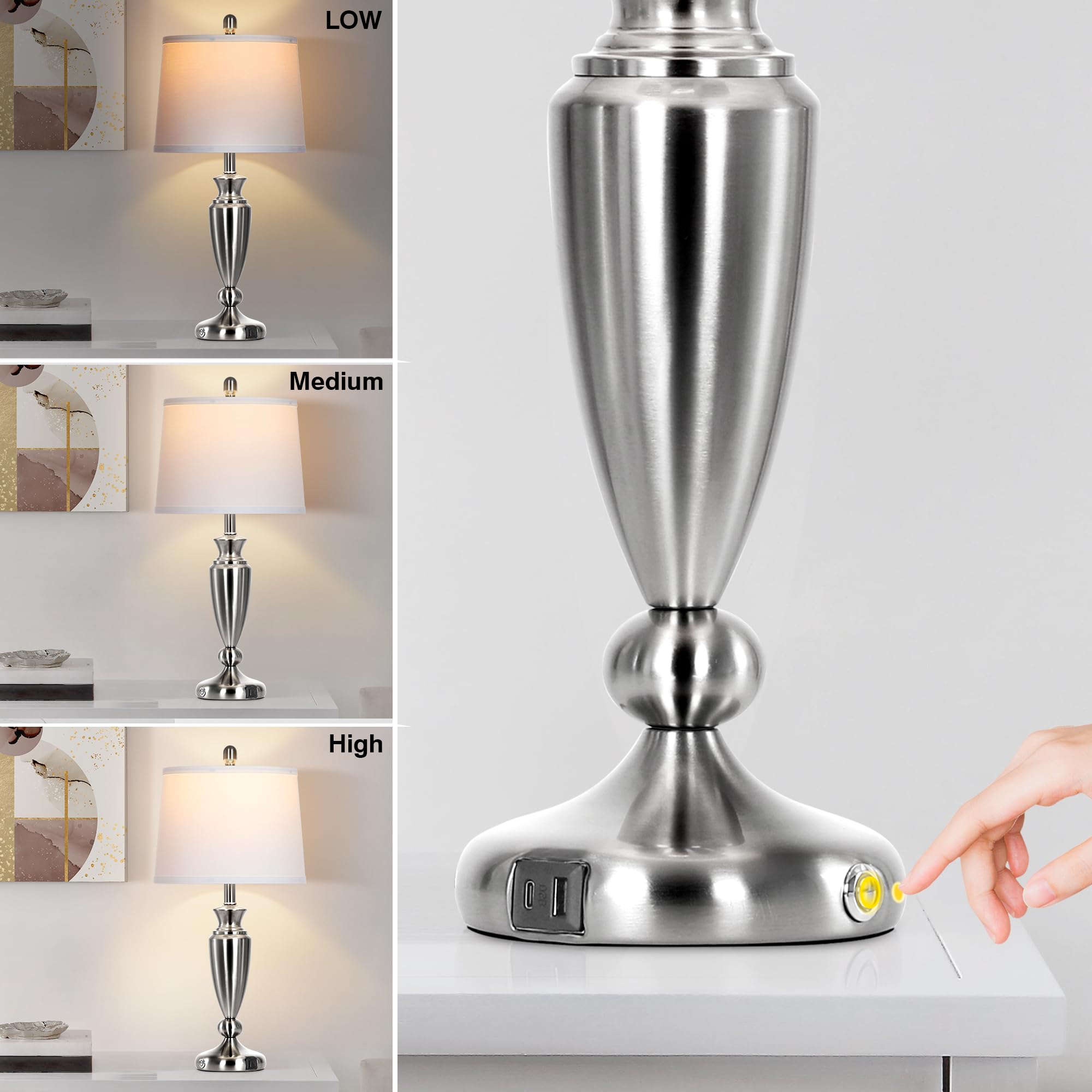 Rinweey Metal Table Lamps Set Of 2, 3 Way Touch Control Silver Bedside Lamps With Usb A+C Ports, Modern Brushed Nickel Nightstan