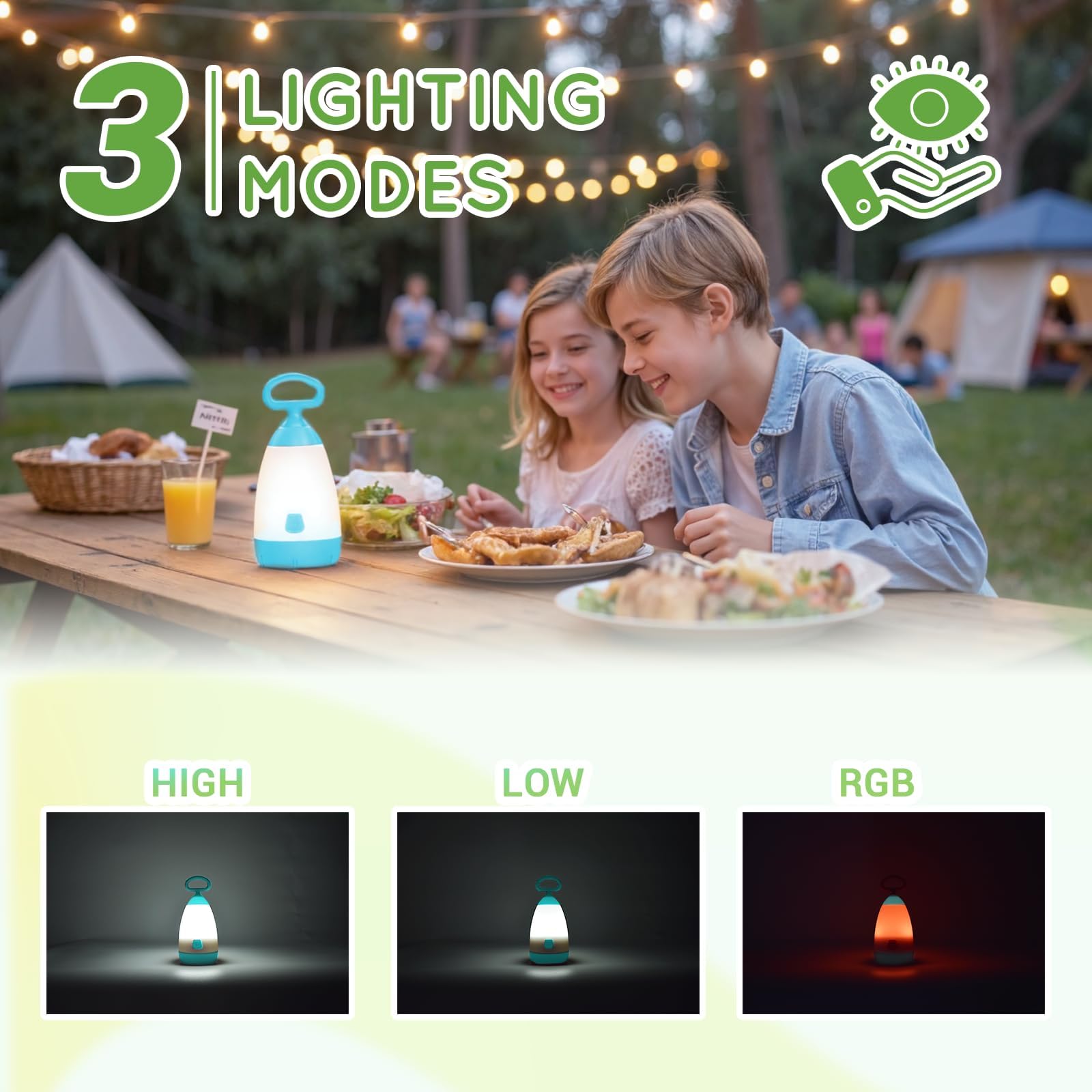 PEPTRONIC Kids Camping Lantern & Night Light Battery Powered (AAA Included), 360 Eye-Safe Light, IPX4 Waterproof with RGB Modes