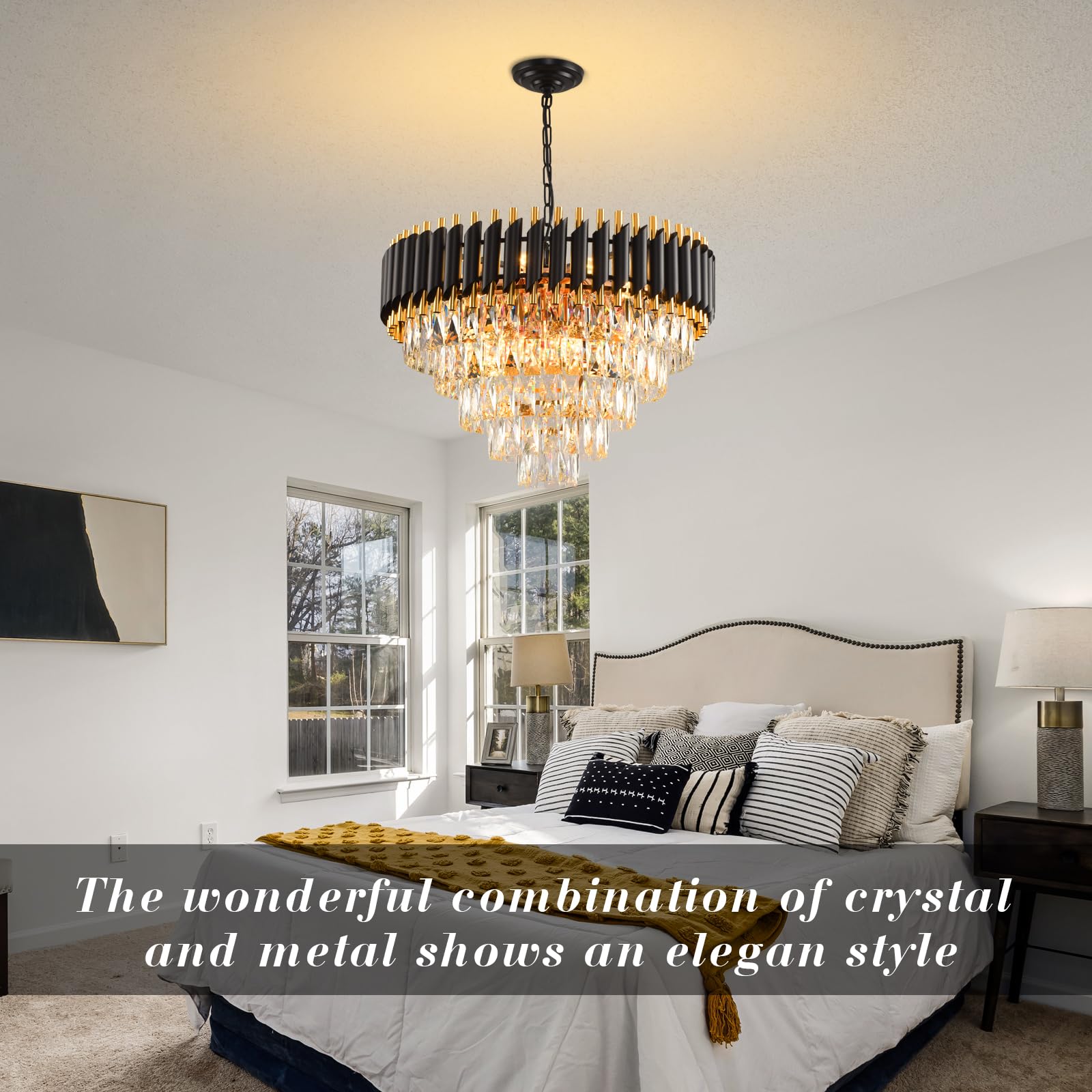 Gold Modern Crystal Chandelier 5-Tier Round Living Room Chandelier Light Fixture Black Large Crystal Chandeliers Pendant Ceiling