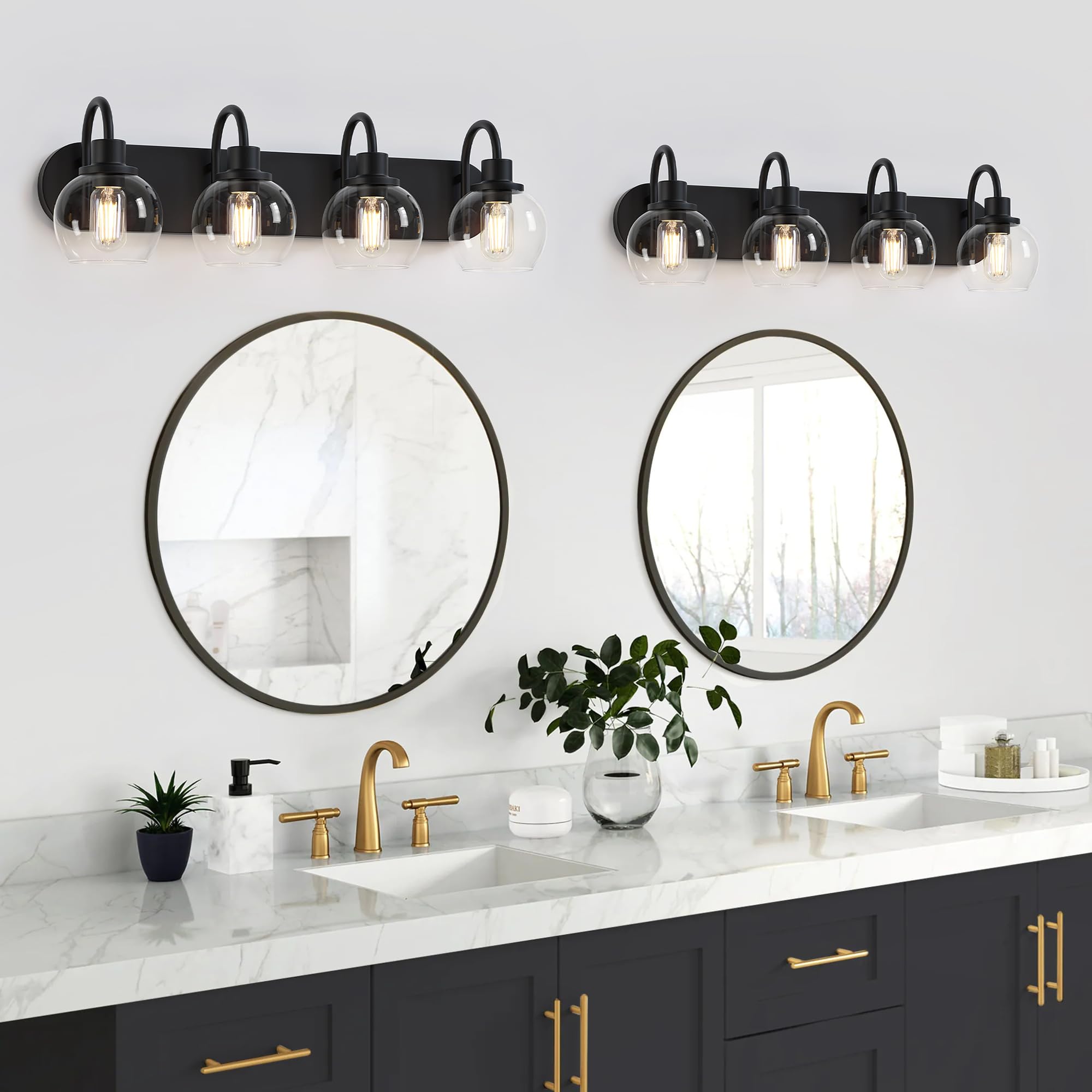 Dpyrrhic 4-Light Bathroom Vanity Light Fixture, Matte Black Metal, Clear Glass Globe Shade, Model JD-193