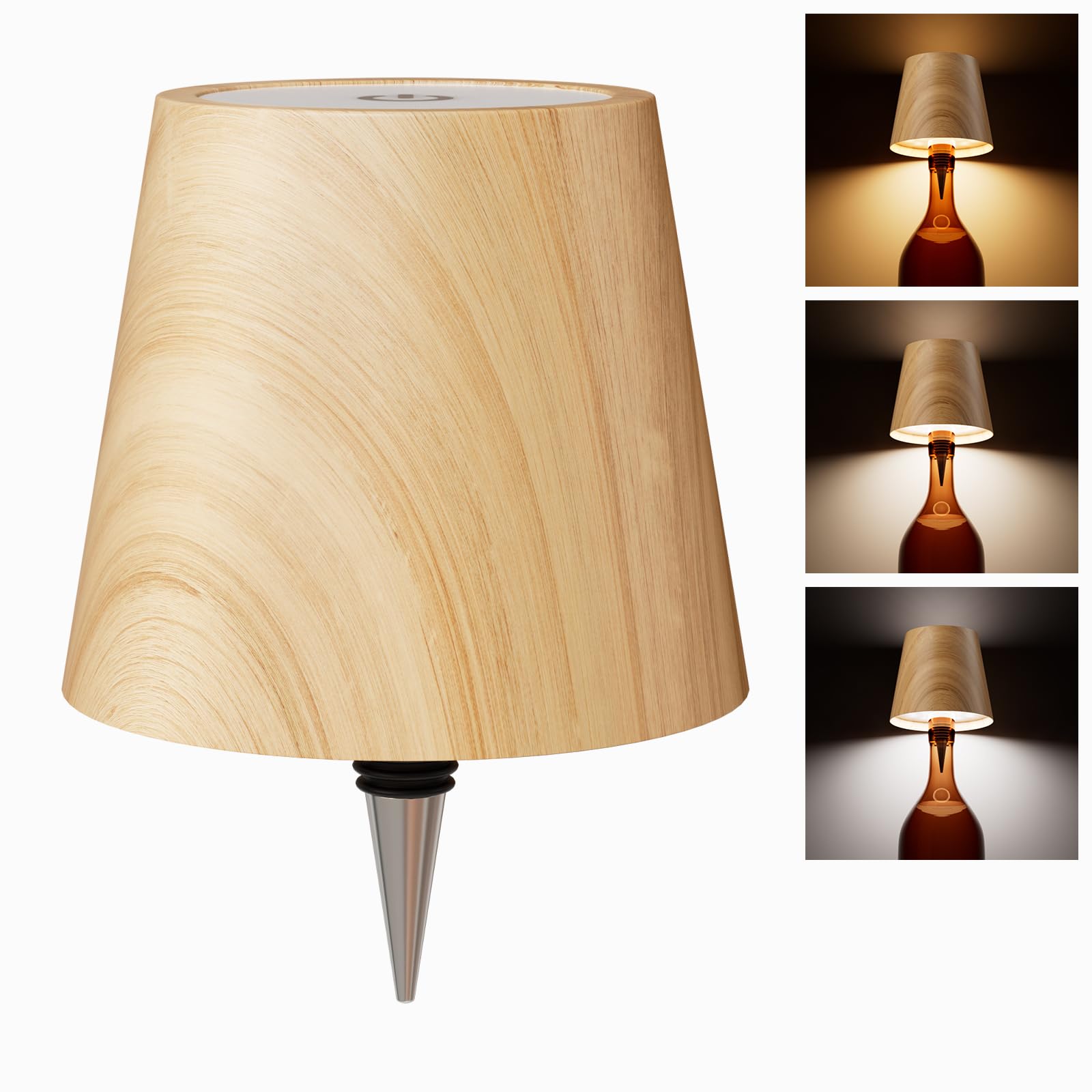 WOKWOYIO Wireless Bottle Lamp, Rechargeable LED, 3 Color Temperatures, Log Color