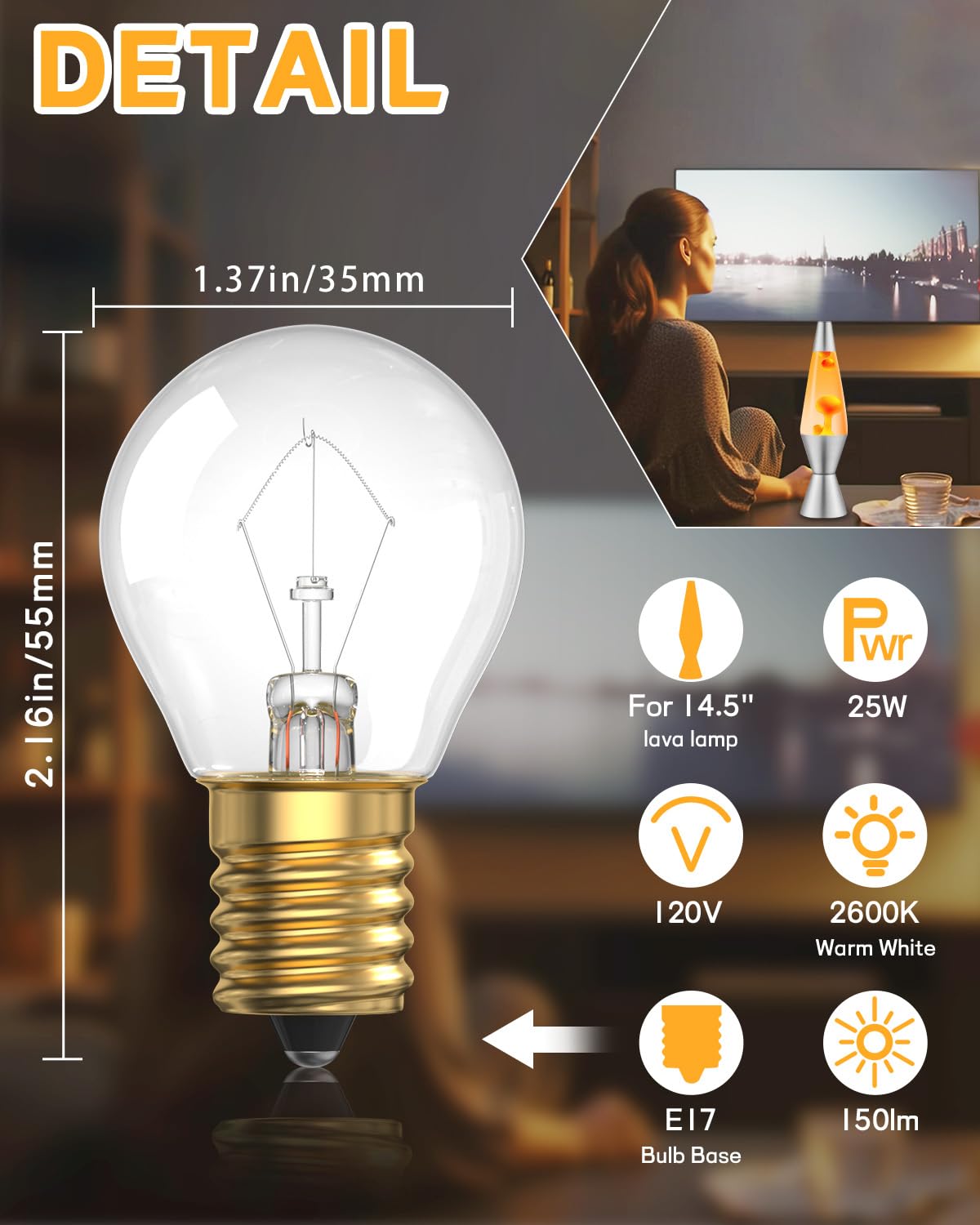 Tobebright 25W Lava Lamp Bulb, S11 E17 Base, 25W 120V For 14.5-Inch Lava Lamp Repalacement Bulb, Lava Lamp Light Bulb, Dimmable