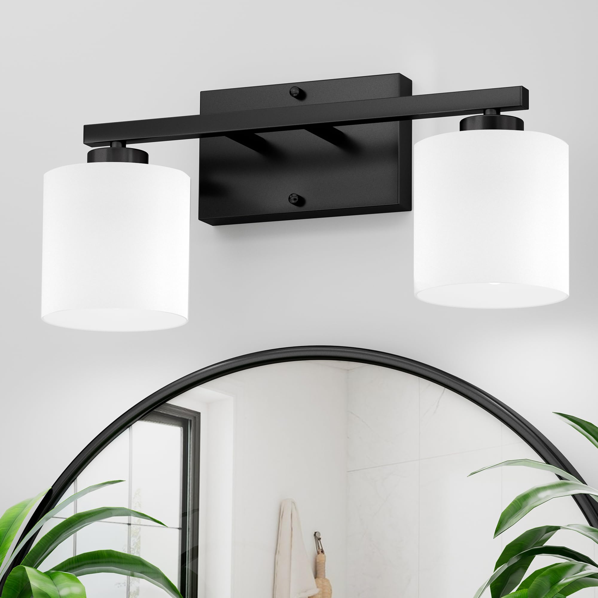 Honesorn 2-Light Black Vanity Light, Modern Bathroom Lighting with Frosted Glass Shade, Anti-Rust, Wall Mounted, Model TK-JQD-MS-B-2