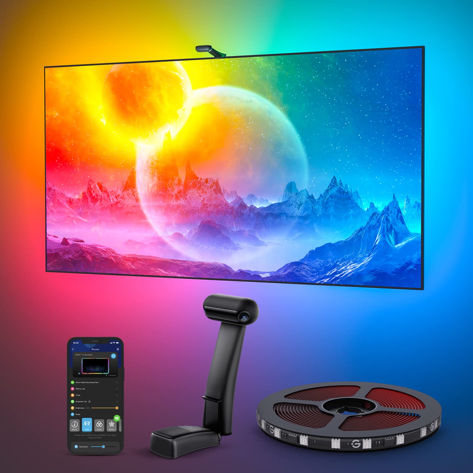 Govee Envisual T2 Rgbic Wi-Fi Led Backlight For 75-85 Inch Tvs, Multicolor, Model H605C, Smart App Control, Music Sync