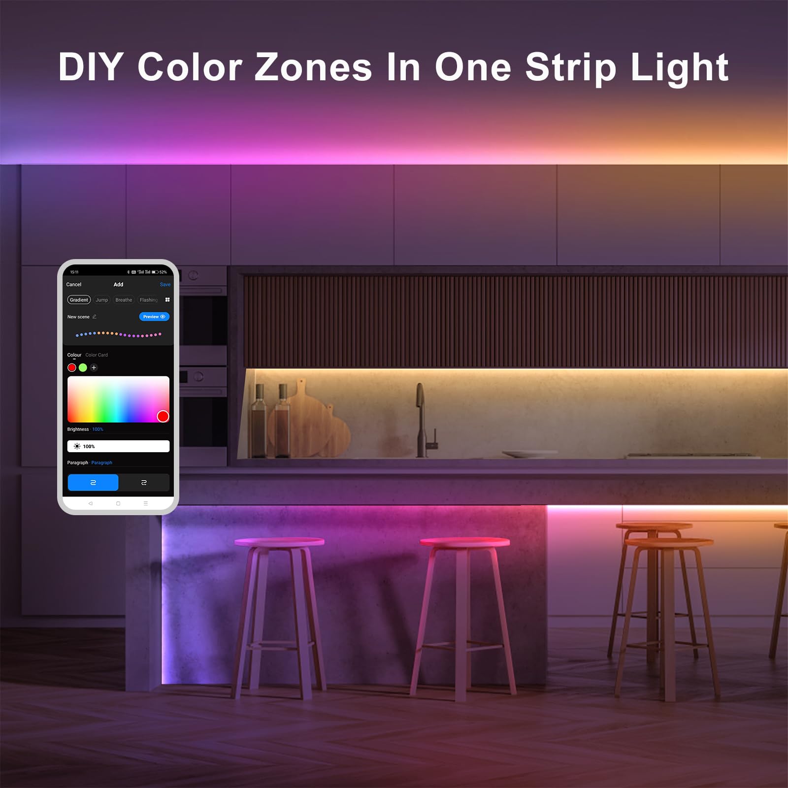Tatazone WiFi Smart LED Strip Light, 32.8ft, RGB Chasing Effect, Tunable White 3000K-6500K, Multicolor, Model LR8022