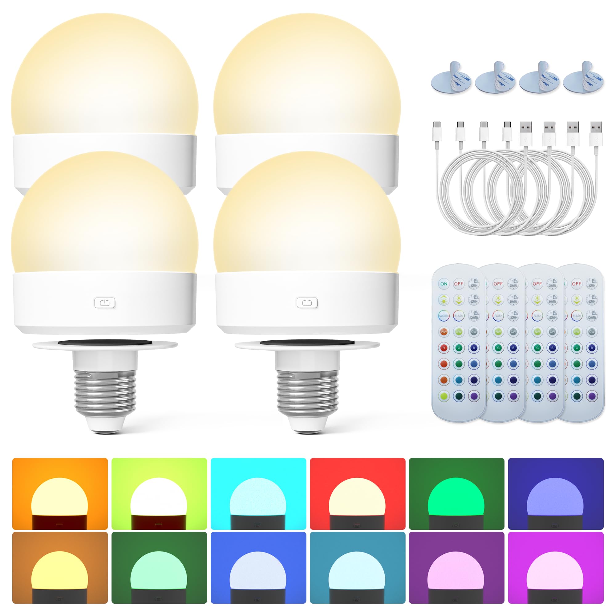 KINDEEP Rechargeable LED Night Light Bulb, Wireless E26 with Remote, Timer, 3000mAh, Dimmable, 3 Color Temperatures, 12 RGB Colors, White