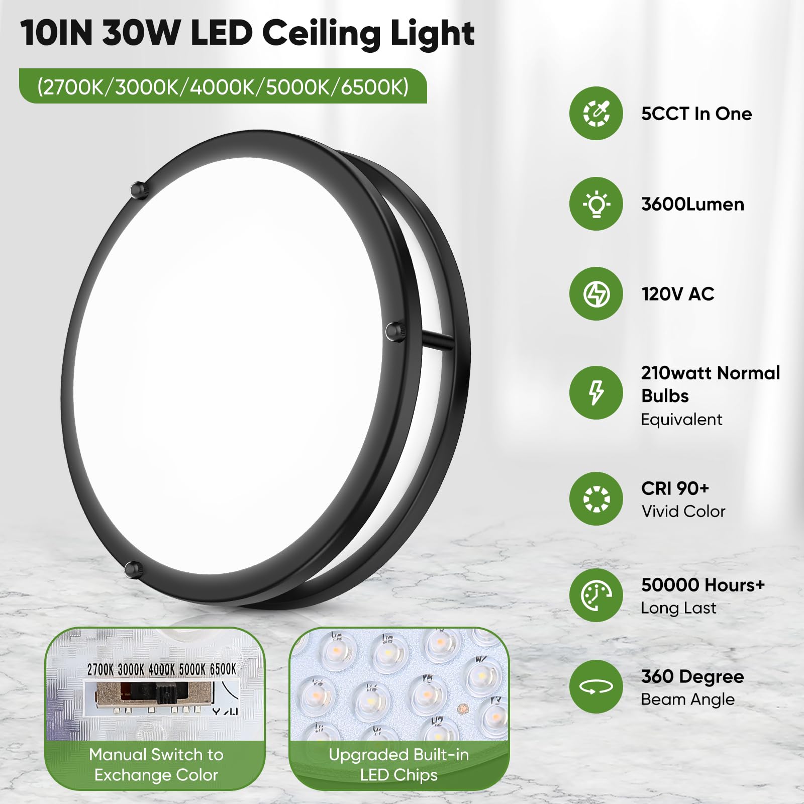 30W Flush Mount Ceiling Lights Black, 10Inch Led Ceiling Light Fixtures 3600Lm Super Bright, 2700K/3000K/4000K/5000K/6500K Adjus