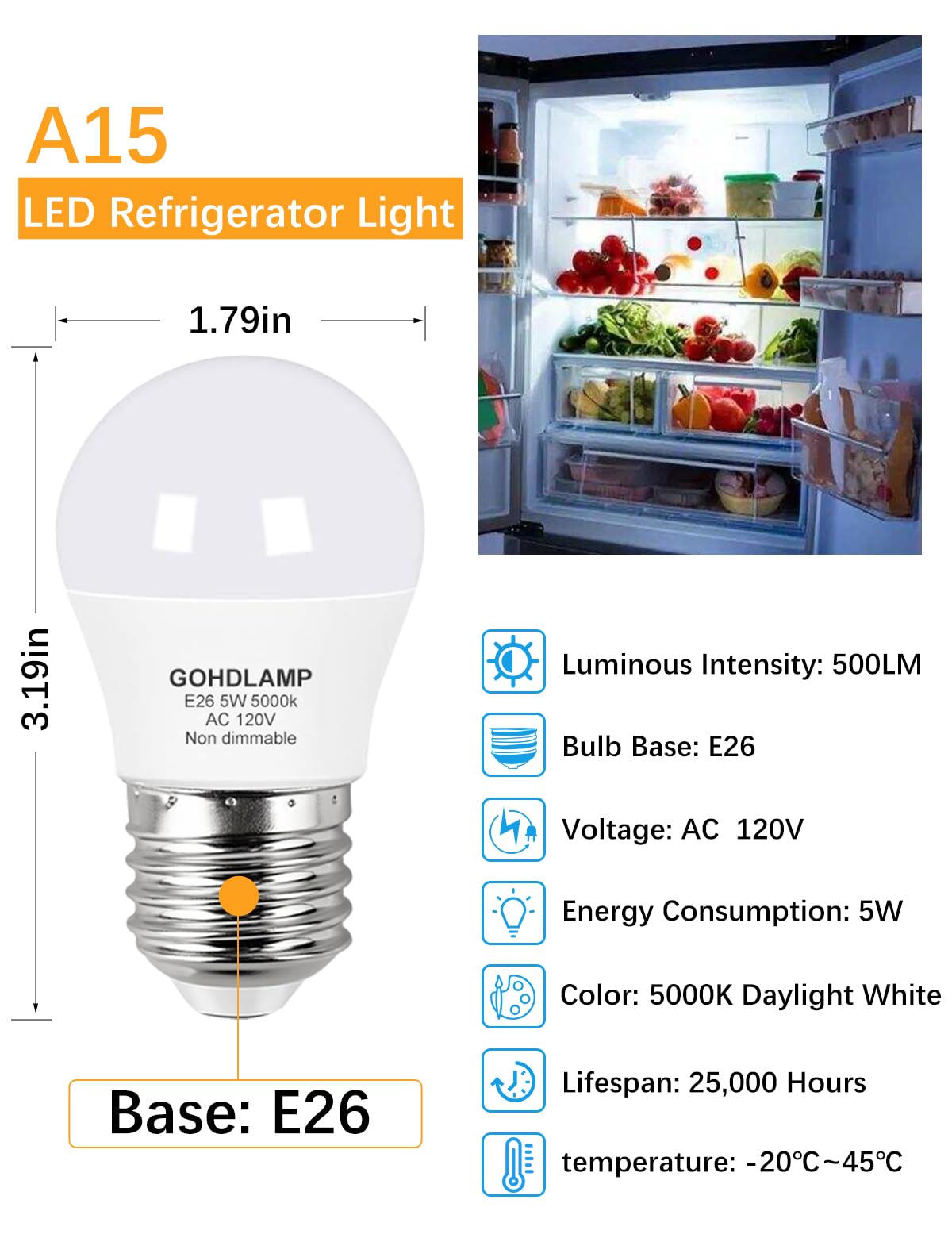 Gohdlamp Led Refrigerator Light Bulb 5W 50Watt Equivalent,Waterproof Replacement For Frigidaire,120V E26 A15 Freezer Light Bulbs