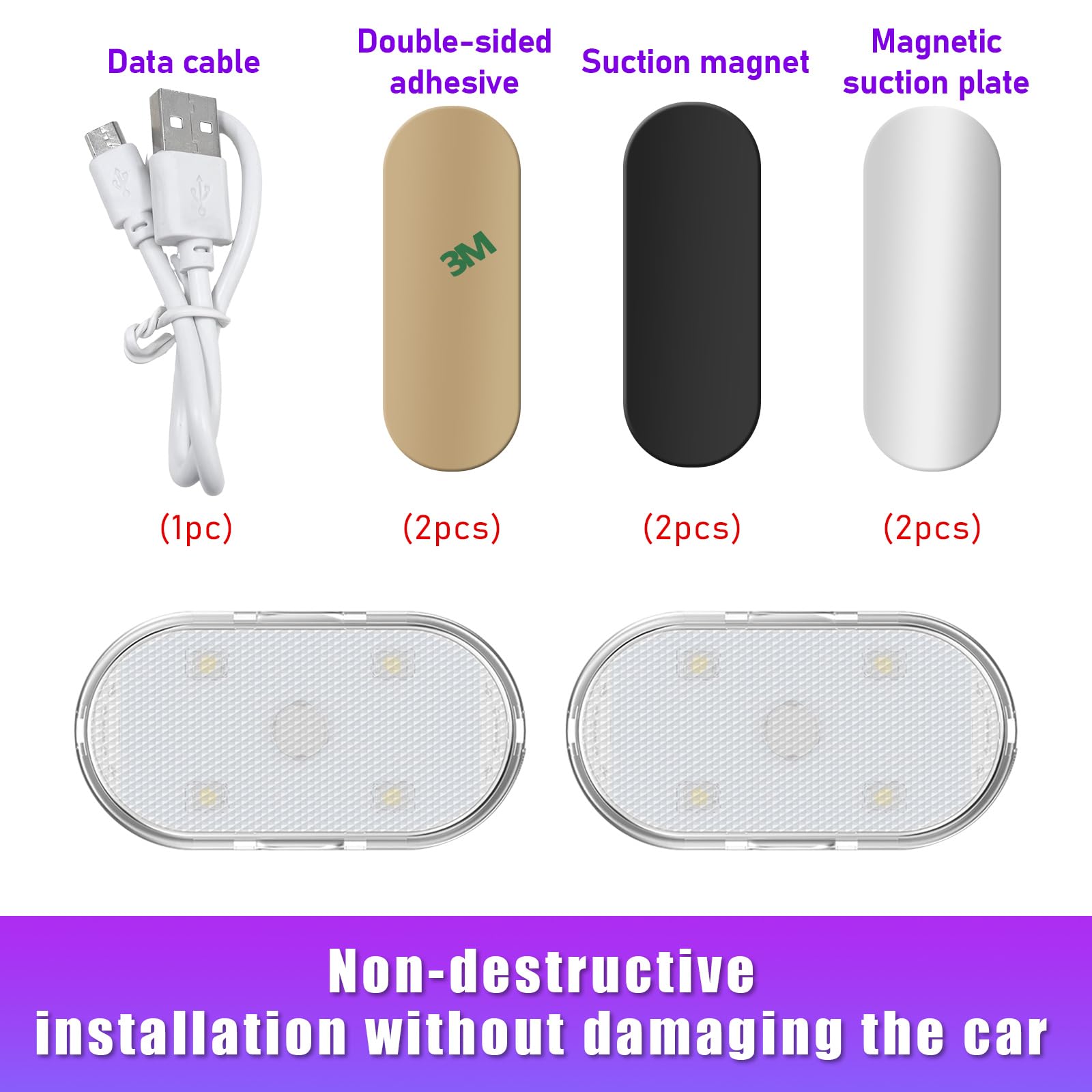 Ziciner Car Wireless LED Lights, Super Bright, USB Rechargeable, 2 PCS, White, Universal Fit for Cars, Trucks, SUVs, Vans
