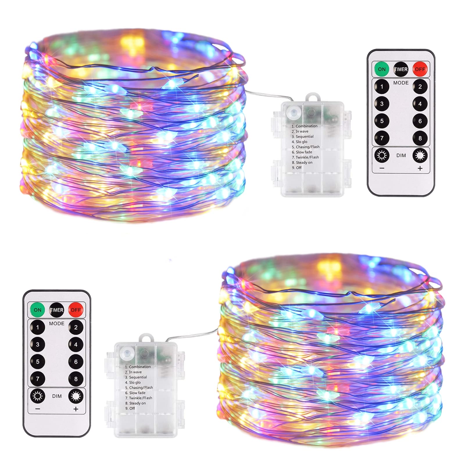 Jmexsuss 2 Pack 100Led Multicolor Fairy Lights, 66Ft Battery Operated String Lights With Remote, 8 Modes For Indoor Decor