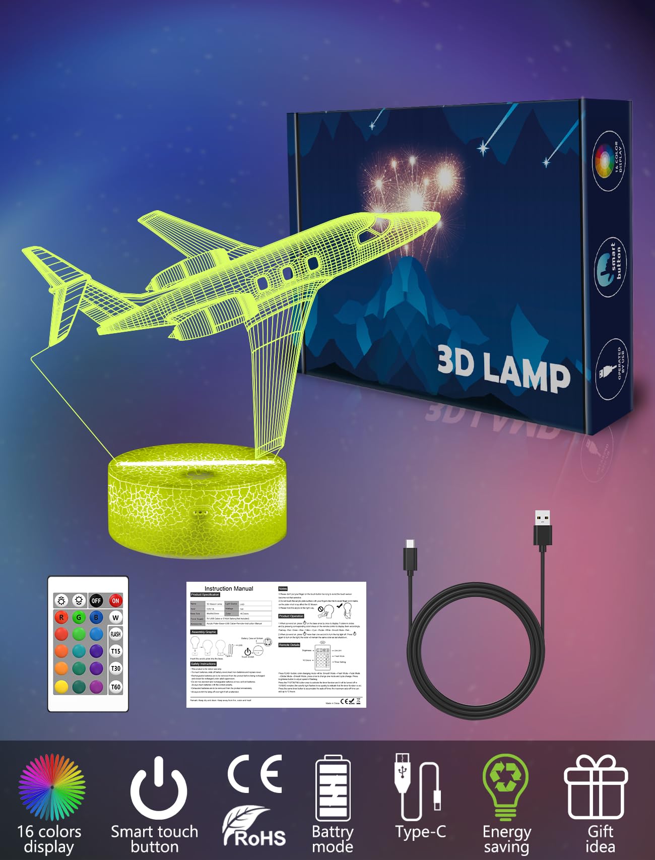 Fullosun Air  Gift    Night Light  Pilot Lamp With Remote Control 16 Colors Changeable Kids Room Lighting Creative Boys Aircraft Pilot Gift Holiday Xmas Decoration