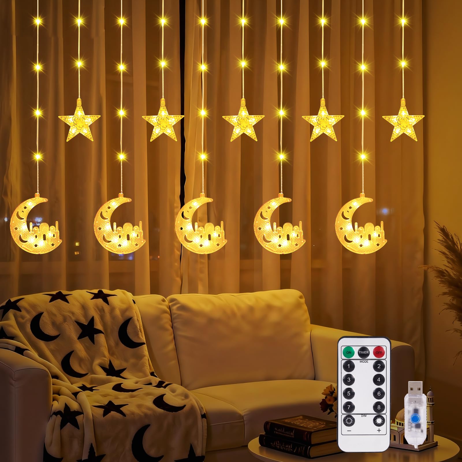 Ramadan Lights Decorations 130 LED Ramadan Decorations for Home 2026 Moon and Star Curtain String Lights with Remote Timer 8 Lighting Modes Eid Decorations for Indoor Window Bedroom Party Holiday