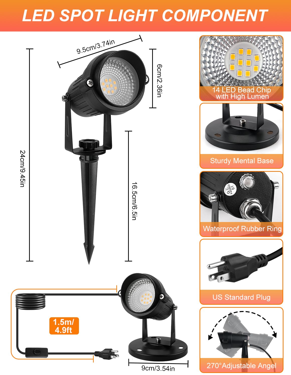 CREPOW Outdoor LED Spotlight, 3000K Warm White, 4 Pack, Waterproof with Photocell Sensor, Model TS-F2020 for Yard and Garden Lighting