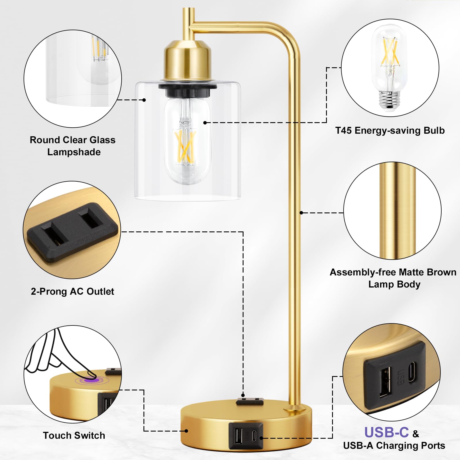 Innqoo Industrial Gold Table Lamps For Bedrooms Set Of 2-3-Way Dimmable Desk Lamp With Usb C+A Ports And Outlet, Gold Lamps With Clear Glass Shade For Living Room, Desk Lamps For Home Office