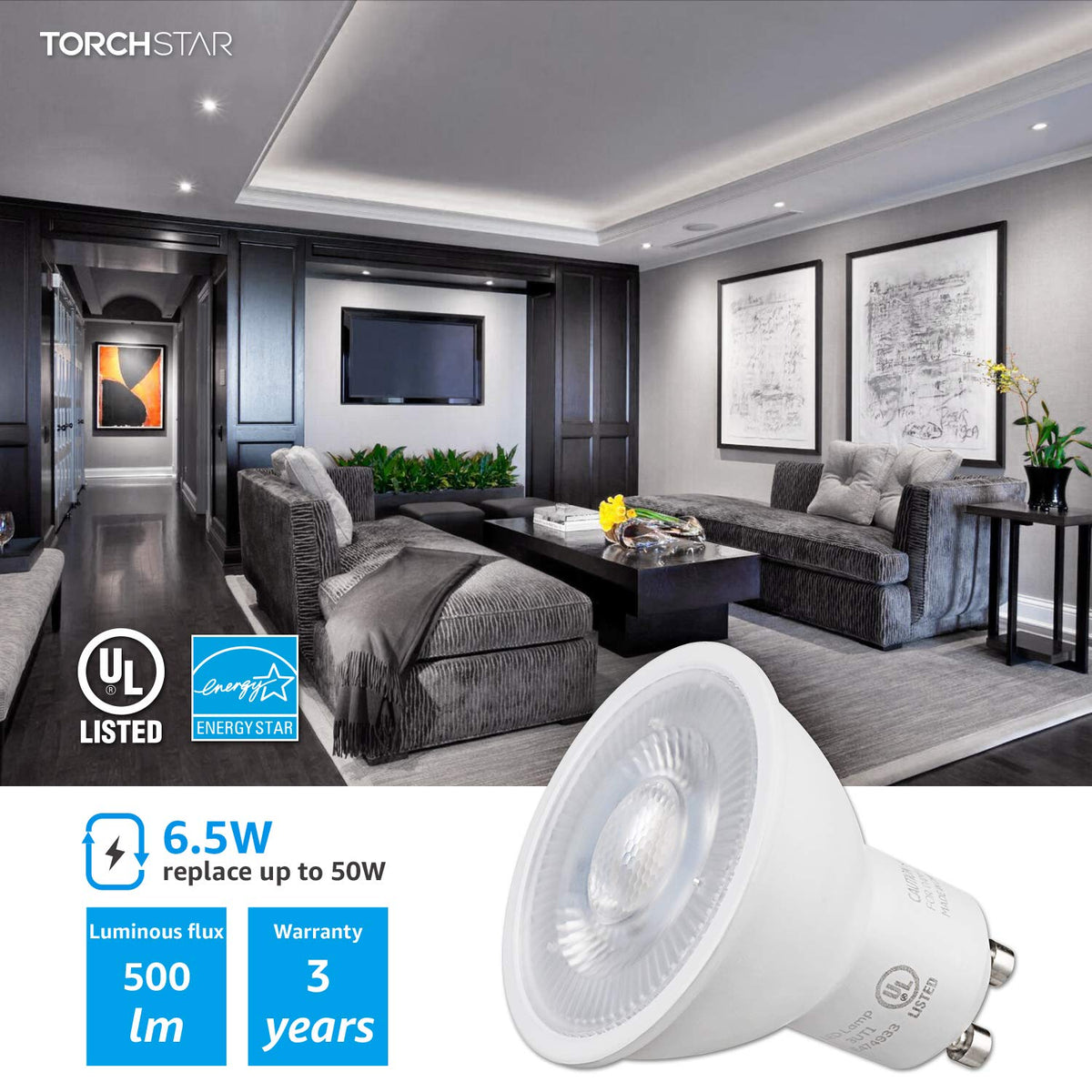 TORCHSTAR GU10 LED Bulbs Dimmable 500LM 5000K Daylight 6-Pack, Energy ...