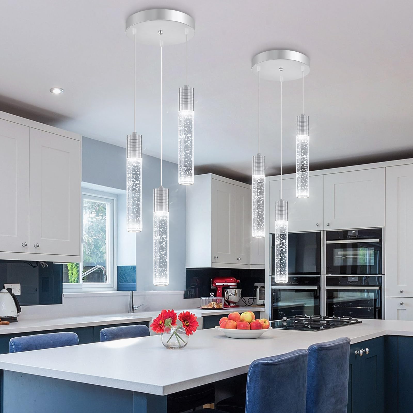 Dolria 3-Lights Pendants Light For Kitchen Island Chandeliers Dining Room Pendant Lighting Fixture Bubble Crystal Ceiling Hanging Lights Bedroom Island Kitchen 6000K White Light Fixtures Chrome