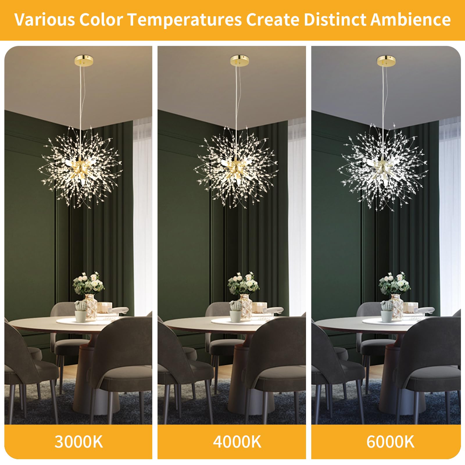 Foucasal Crystal Pendant Light 8-Light Dandelion Sputnik Chandelier Modern Gold Firework Ceiling Lighting Fixtures For Dining Ro