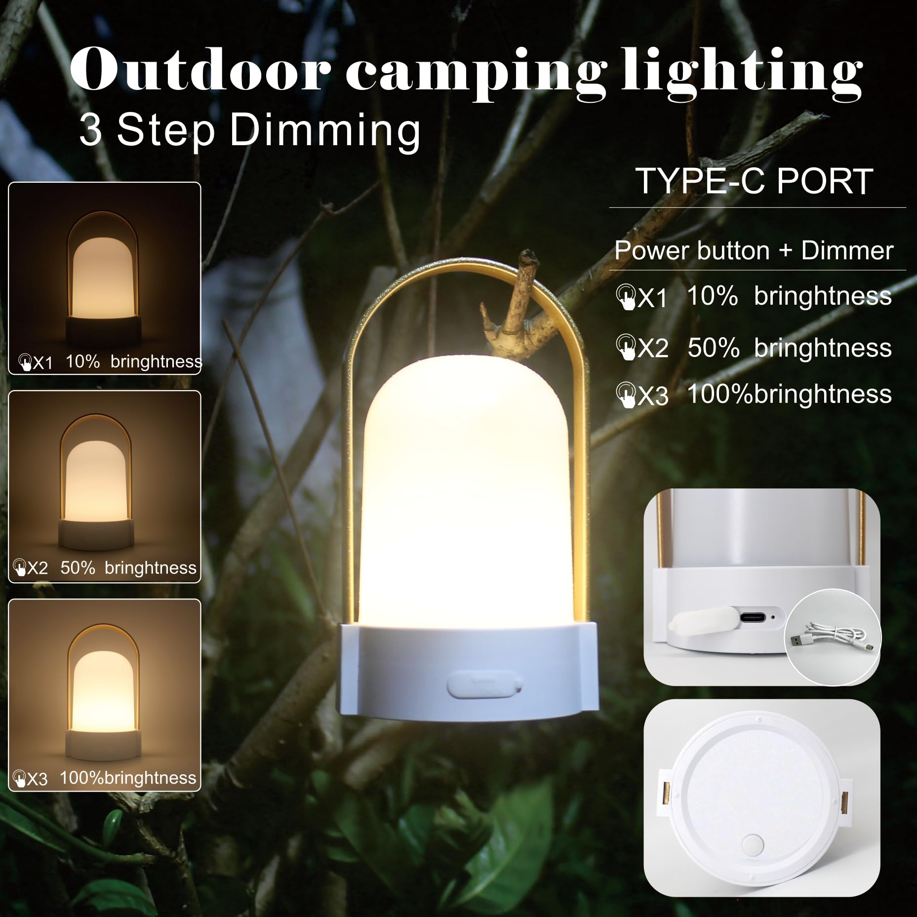 Yoniku Portable Rechargeable Lamp Indoor Outdoor Emergency Light Battery Powered Lamp Outdoor Rechargeable Lamp Handheld Camping Lantern Portable Nightlight Camping Lamp (6.2Inch, Gold Handle)