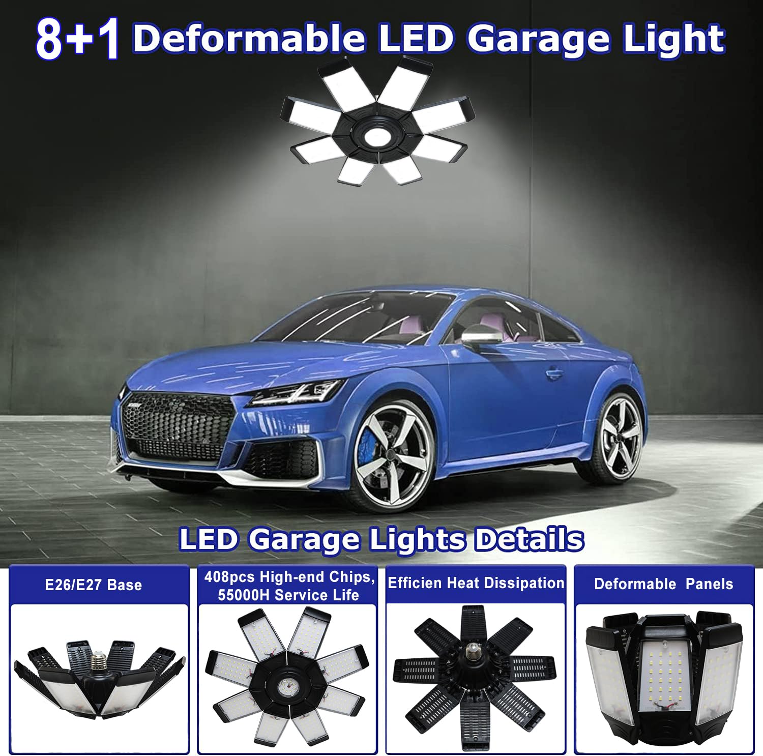 Meiqils 250W LED Garage Light, 25000 Lumen, 8+1 Adjustable Panels, 6500K Daylight, Black, 2Pack