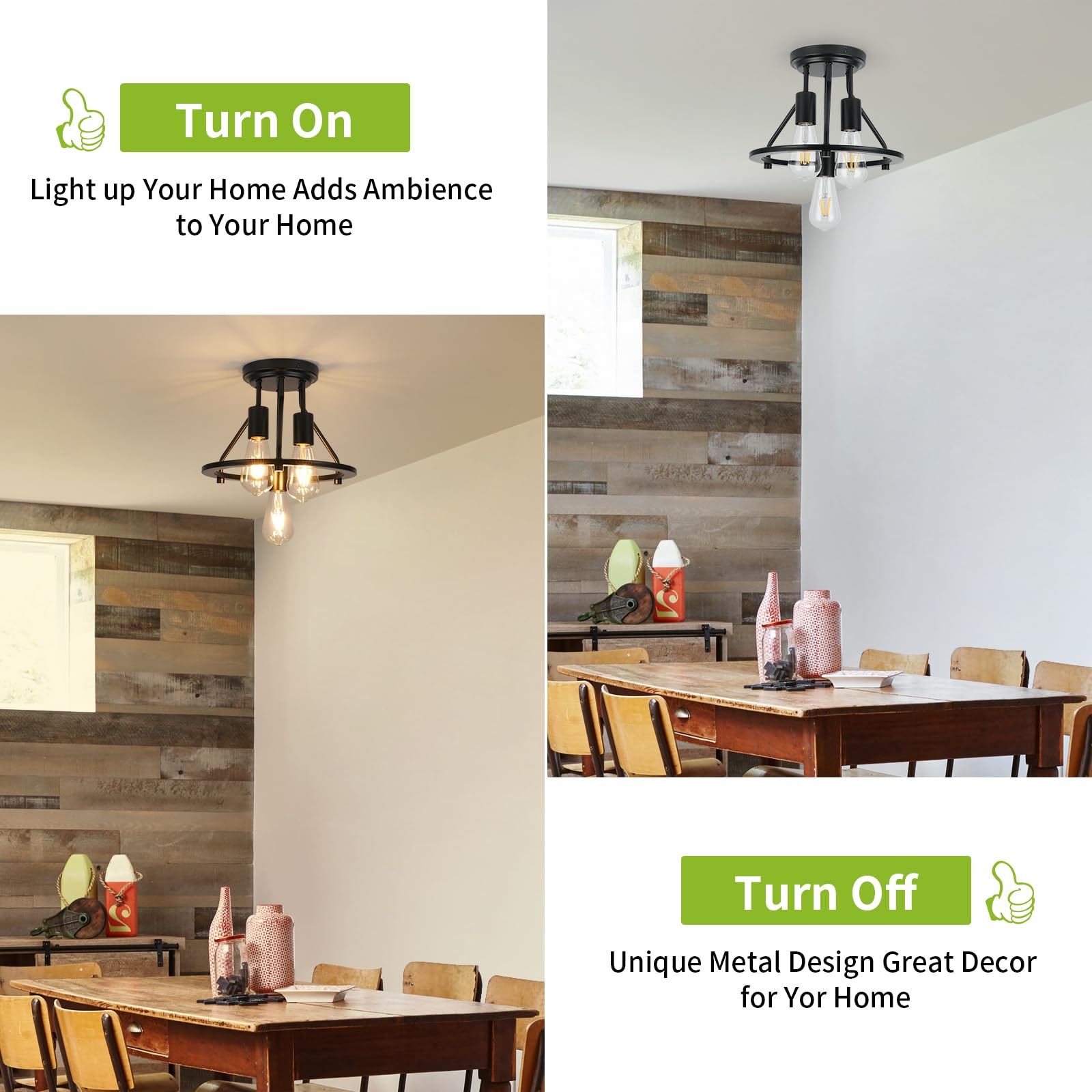 WILON 3-Light Semi Flush Mount Ceiling Light - Black Metal Industrial Fixture, Model QLTQ0033