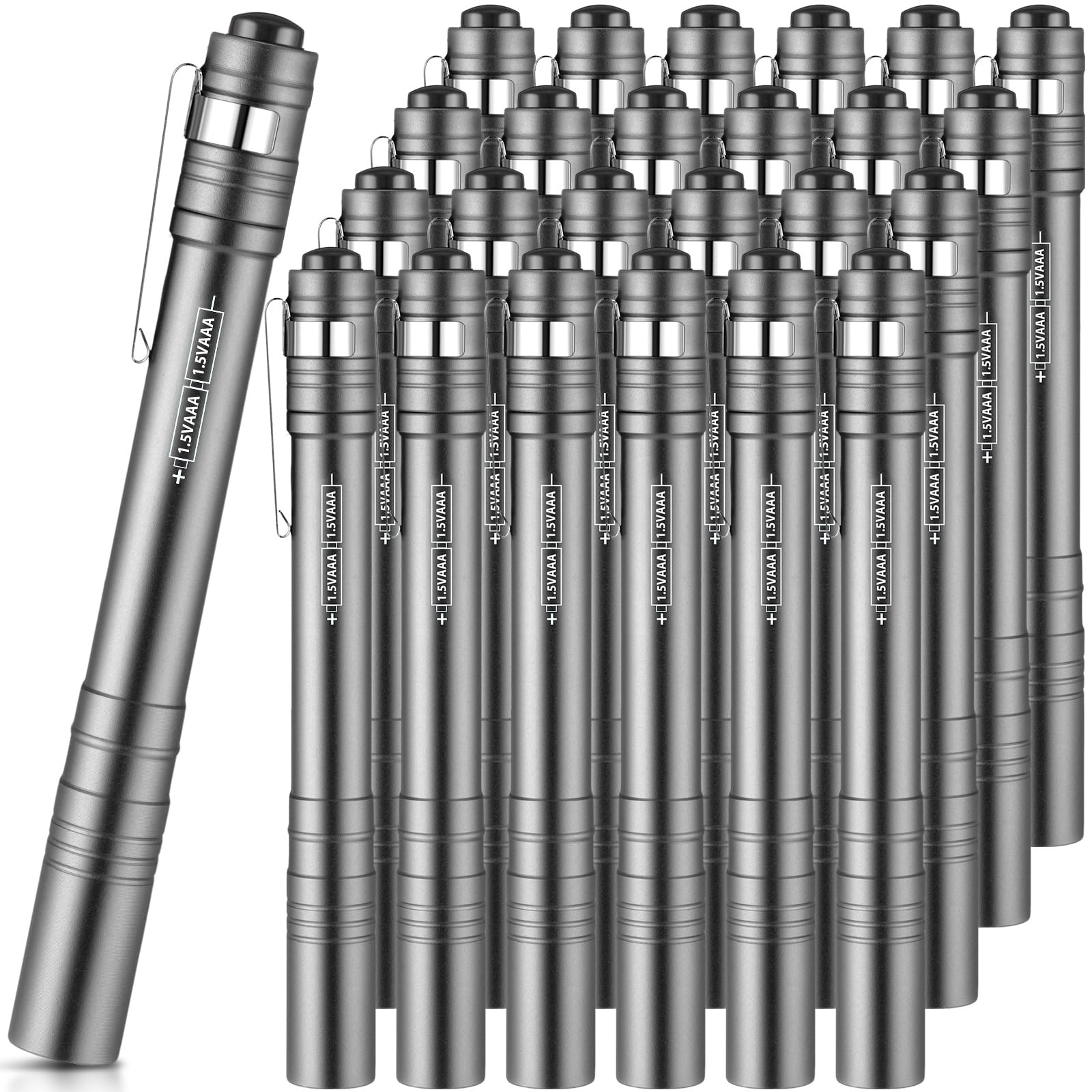 Rossesay Mini Pen Flashlights 24 Pack LED Aluminum Pocket Lights Silver Gray Model XUU-Rossesay-2655