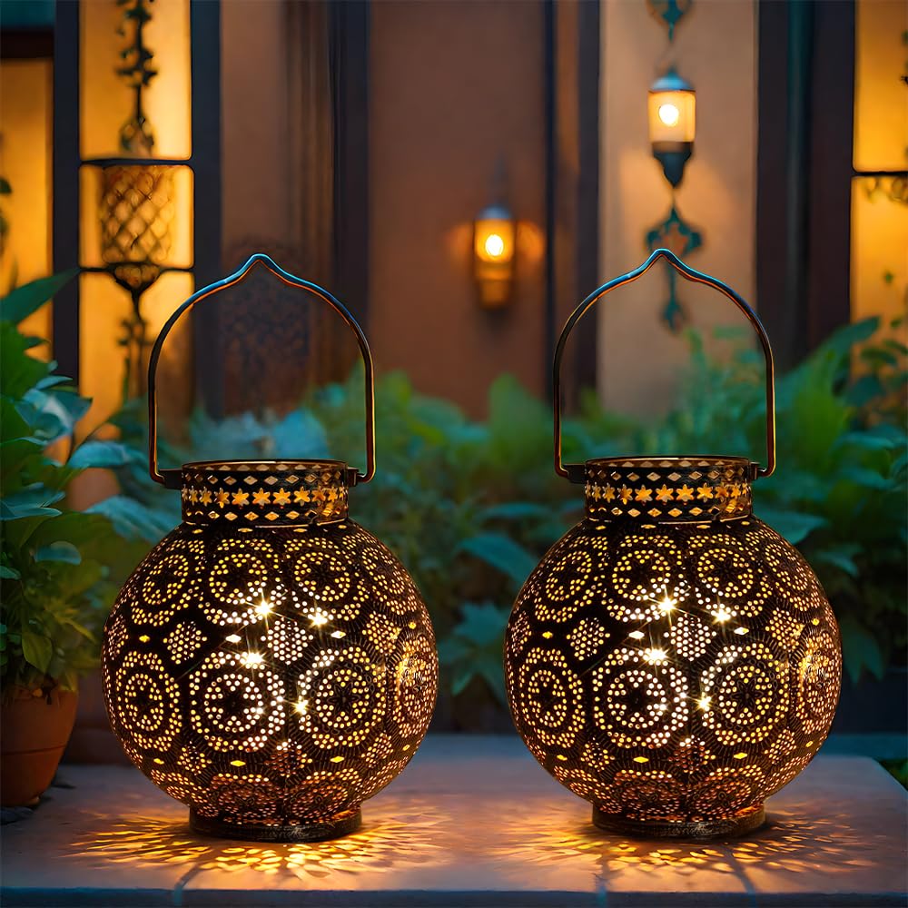 TRIROCKS Set of 2 Moroccan Decorative Lamps 7'' High Battery Powered Cordless Lamp Metal Table Lamps with Fairy Lights Bulb for 