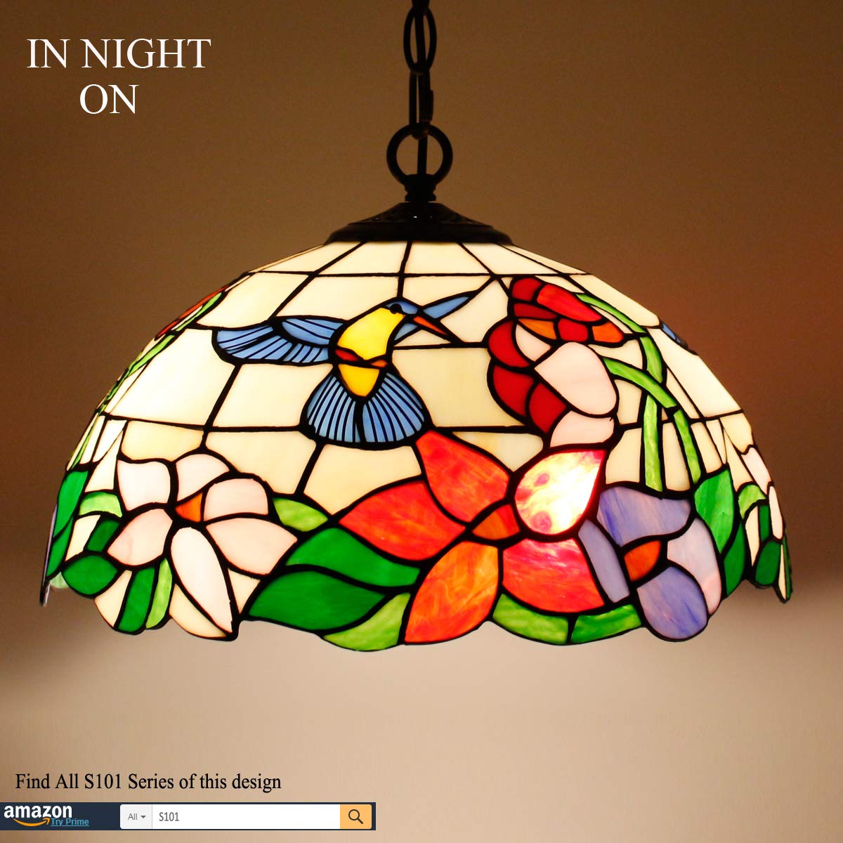 WERFACTORY Tiffany Pendant Light - Hummingbird Amber Stained Glass, 16 Inch, Large, S101 Series