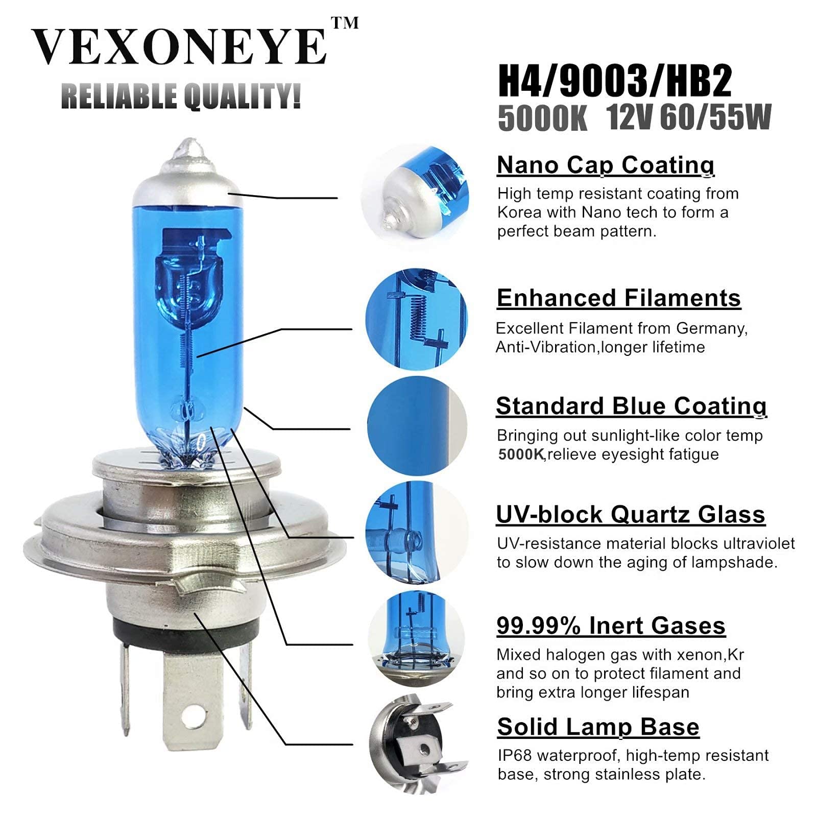 Vexoneye 9003/H4 Halogen Headlight Bulb, White Light 64193 12342 P43T 12V 60/55W 5000K 2 Pack Long Life