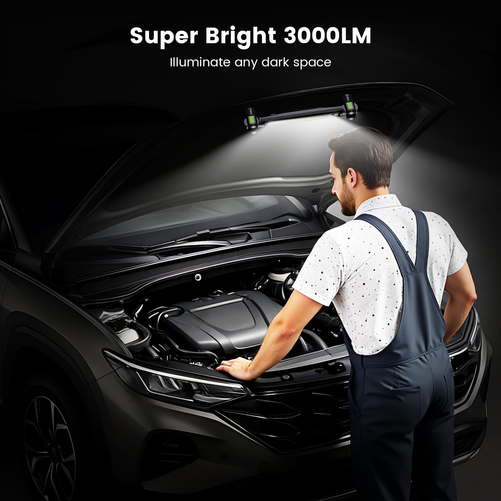 Work Light 3000Lm Cordless Under Hood Light  3-Mode Color Temp Work Light Bar With Usb-C Fast-Charge 5200Mah  Magnetic & Hook Underhood Job Site Lighting For Mechanic/Car Repairing/Garage  Black