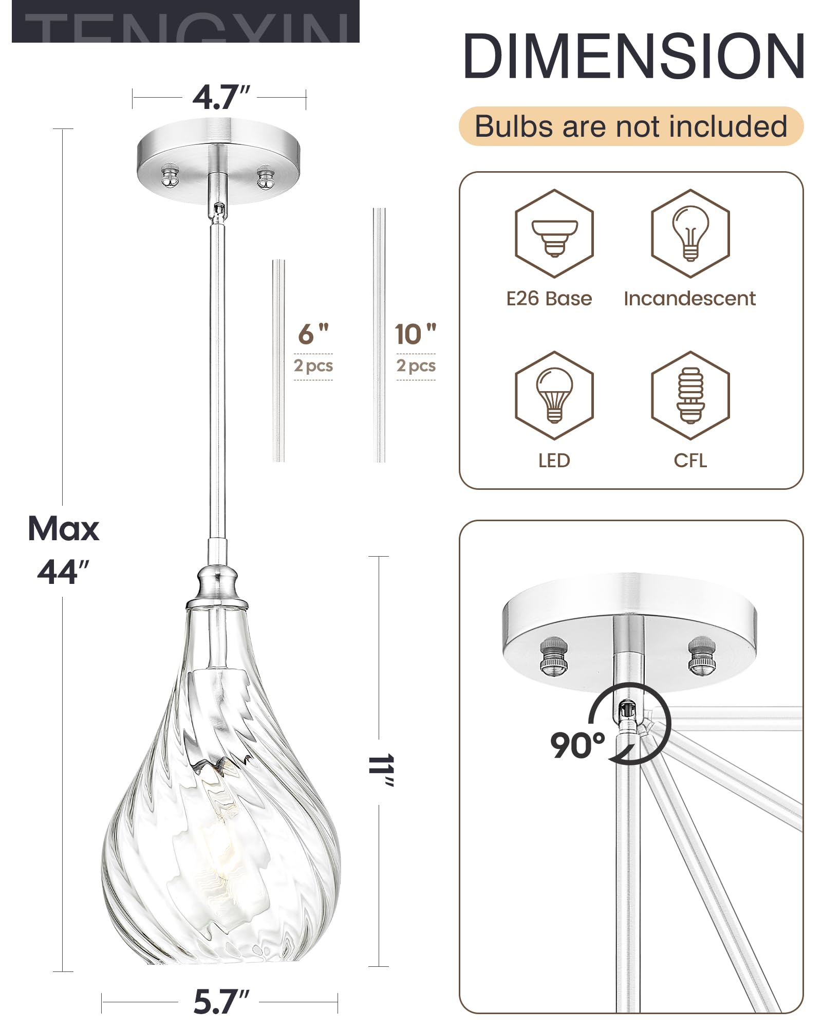 Tengxin 2 Pack Pendant Lights Kitchen Island,Brushed Nickel Finished Striped Glass Hanging Pendant Light,Farmhouse Pendant Light